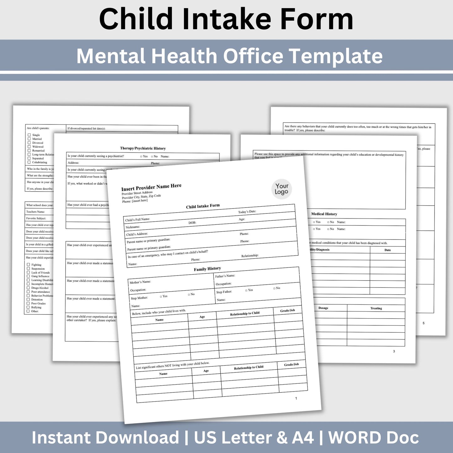Child Intake Form for Mental Health Office WORD Doc