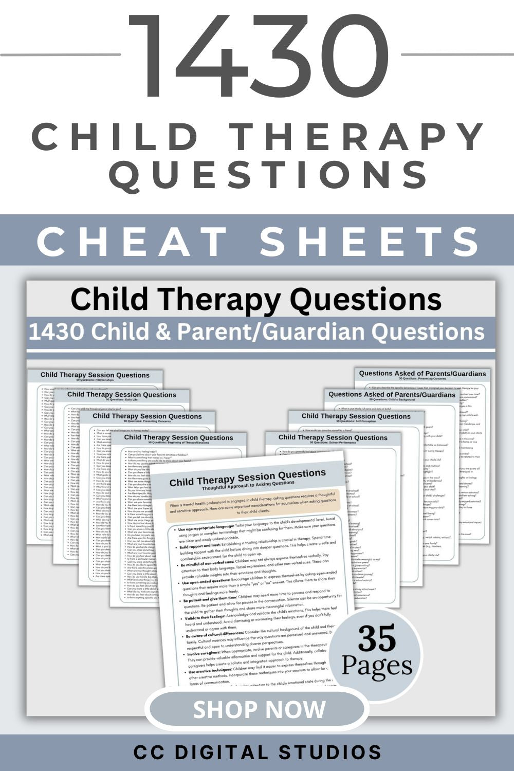 1,430 Child Therapy Questions. Therapy cheat sheets – resource for your counseling office, school psychology, or social work practice. Child therapy tools