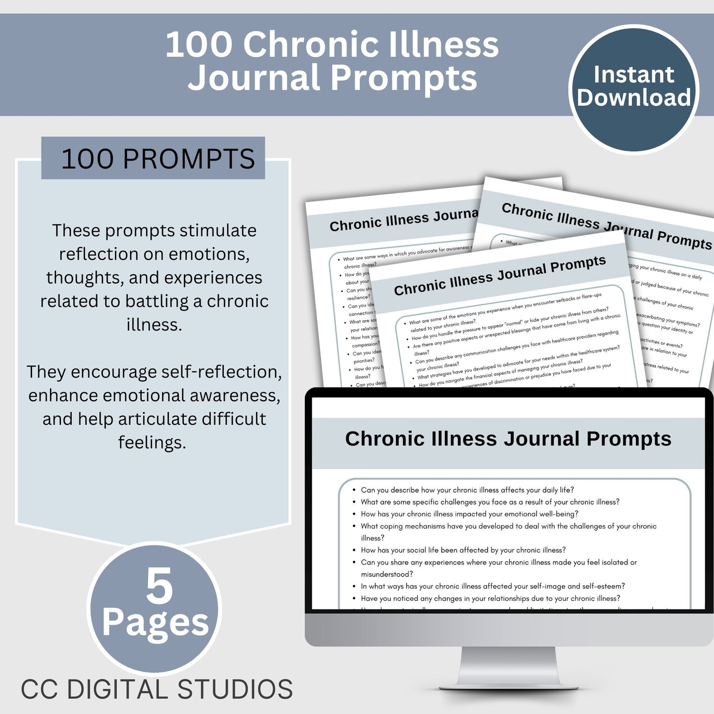 Journal Prompts for Chronic Illness, 100 In-Depth Journal Prompts for Processing Chronic Illness, Mental Health Journal, Emotion Processing. Each prompt has been crafted to provide a safe and supportive space for introspection and self-exploration.