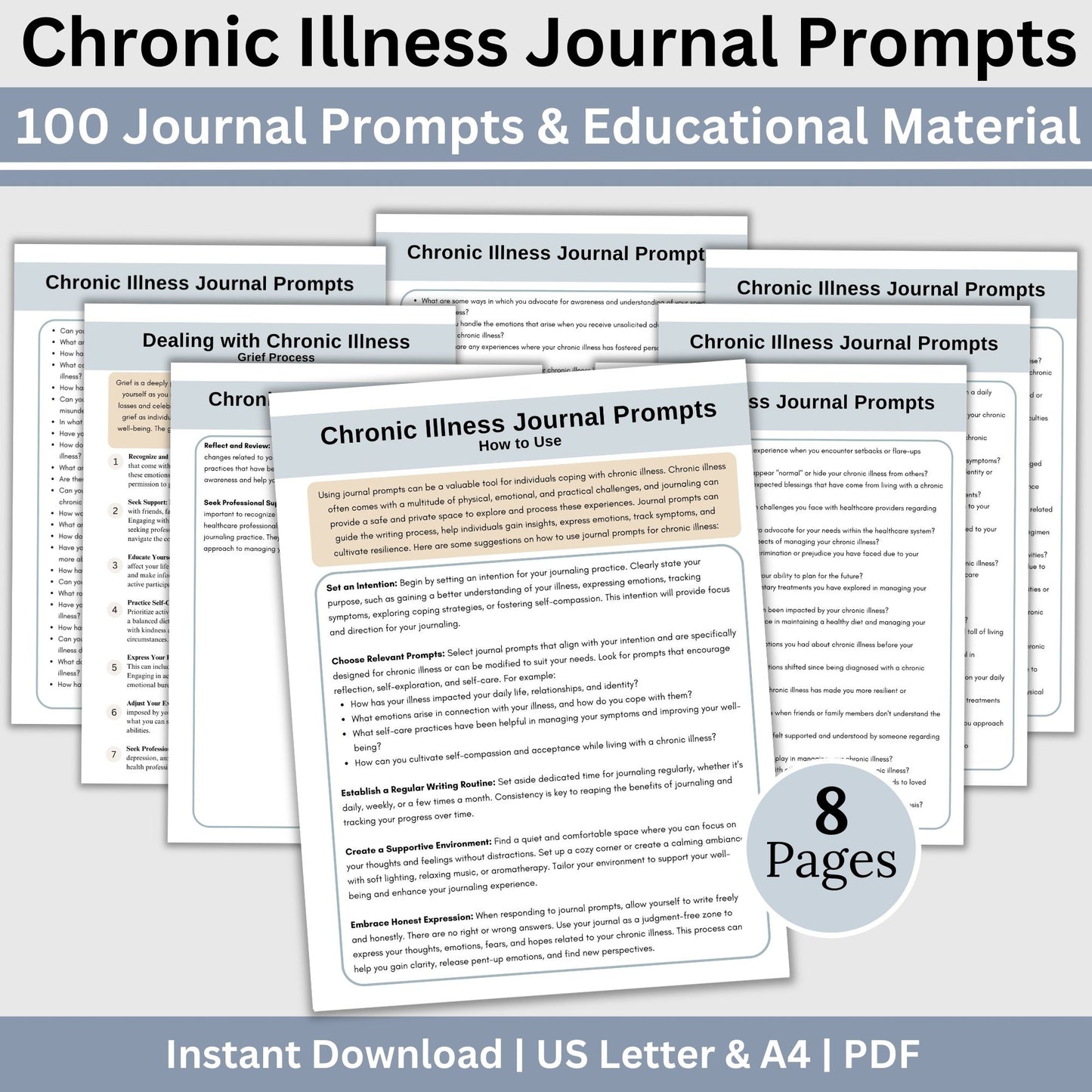 Journal Prompts for Chronic Illness, 100 In-Depth Journal Prompts for Processing Chronic Illness, Mental Health Journal, Emotion Processing. Each prompt has been crafted to provide a safe and supportive space for introspection and self-exploration.