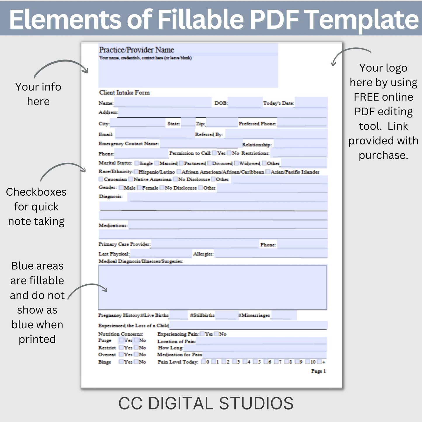 Comprehensive Client Intake Form, a fillable PDF template designed for mental health professionals. Tailored to therapists, counselors, psychologists, and social workers.
