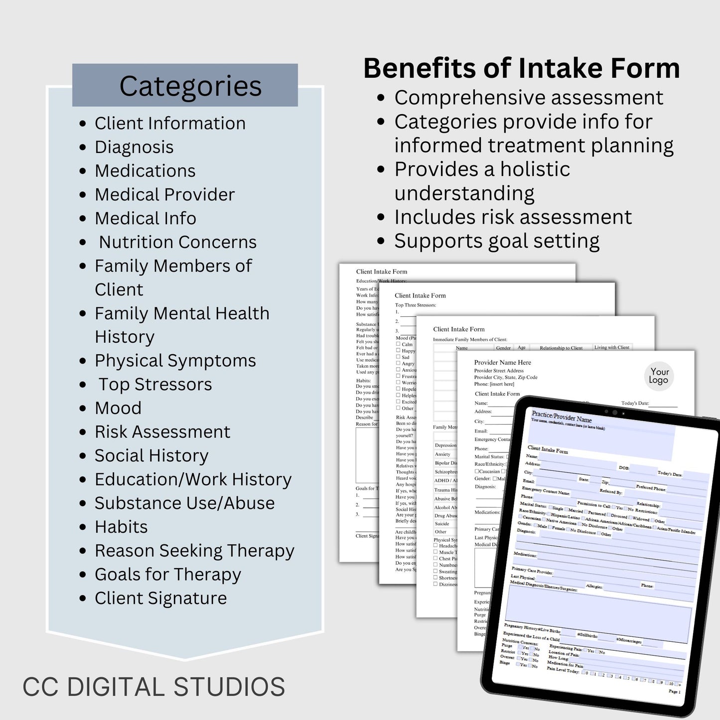 Comprehensive Client Intake Form, a fillable PDF template designed for mental health professionals. Tailored to therapists, counselors, psychologists, and social workers.