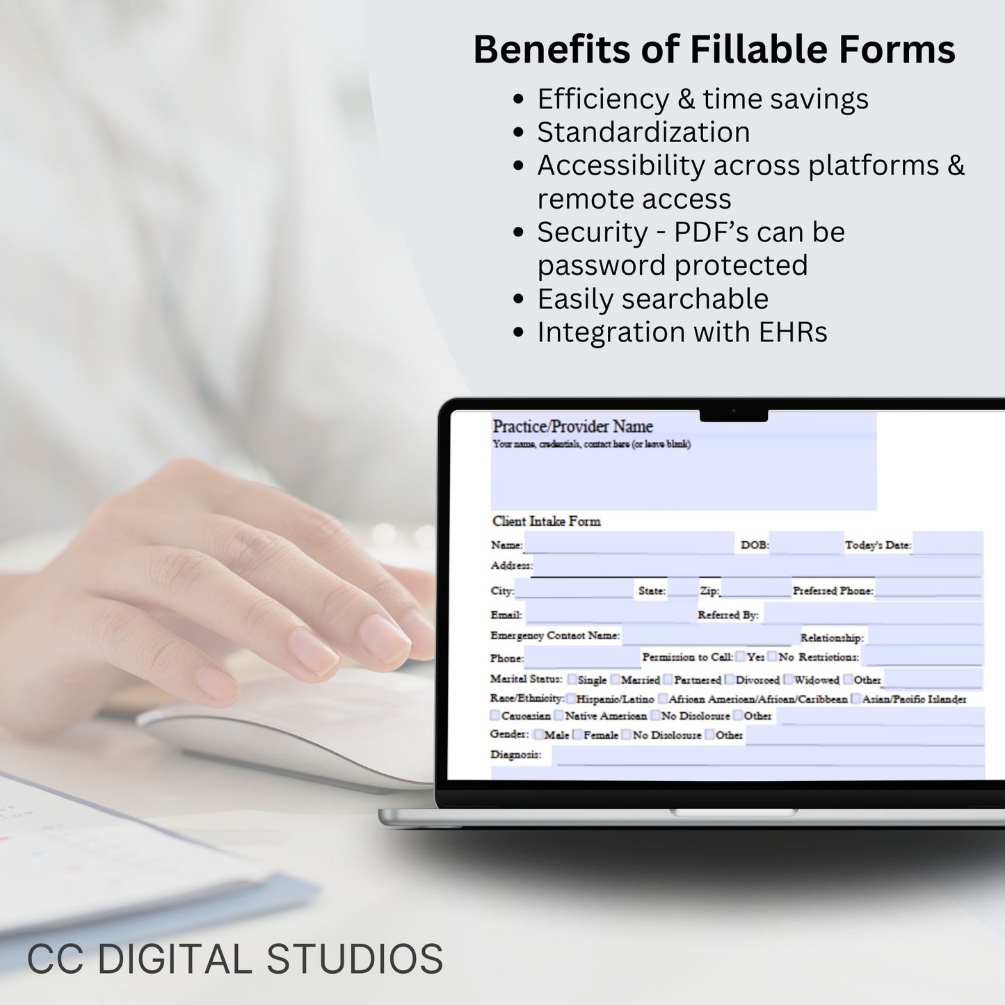 Comprehensive Client Intake Form, a fillable PDF template designed for mental health professionals. Tailored to therapists, counselors, psychologists, and social workers.