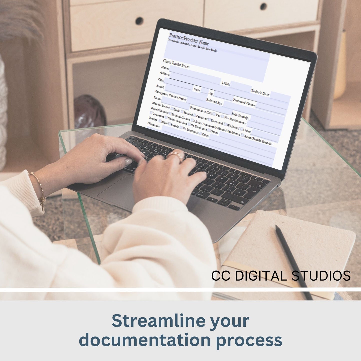 Comprehensive Client Intake Form, a fillable PDF template designed for mental health professionals. Tailored to therapists, counselors, psychologists, and social workers.