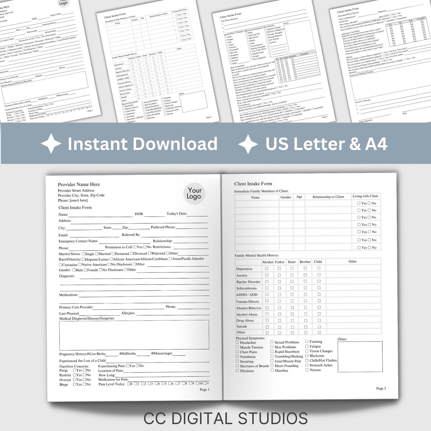 Comprehensive Client Intake Form, a fillable PDF template designed for mental health professionals. Tailored to therapists, counselors, psychologists, and social workers.
