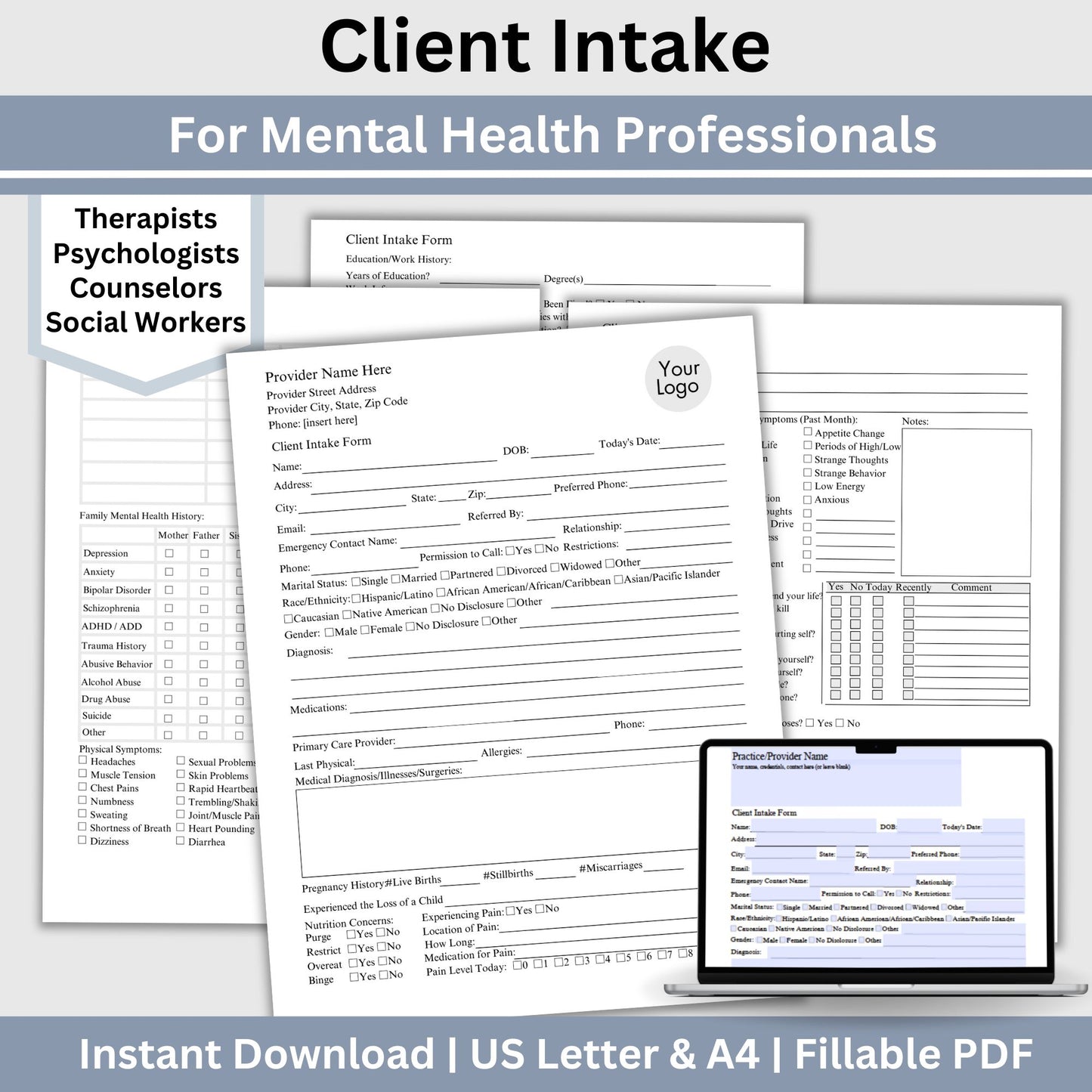 Comprehensive Client Intake Form, a fillable PDF template designed for mental health professionals. Tailored to therapists, counselors, psychologists, and social workers.