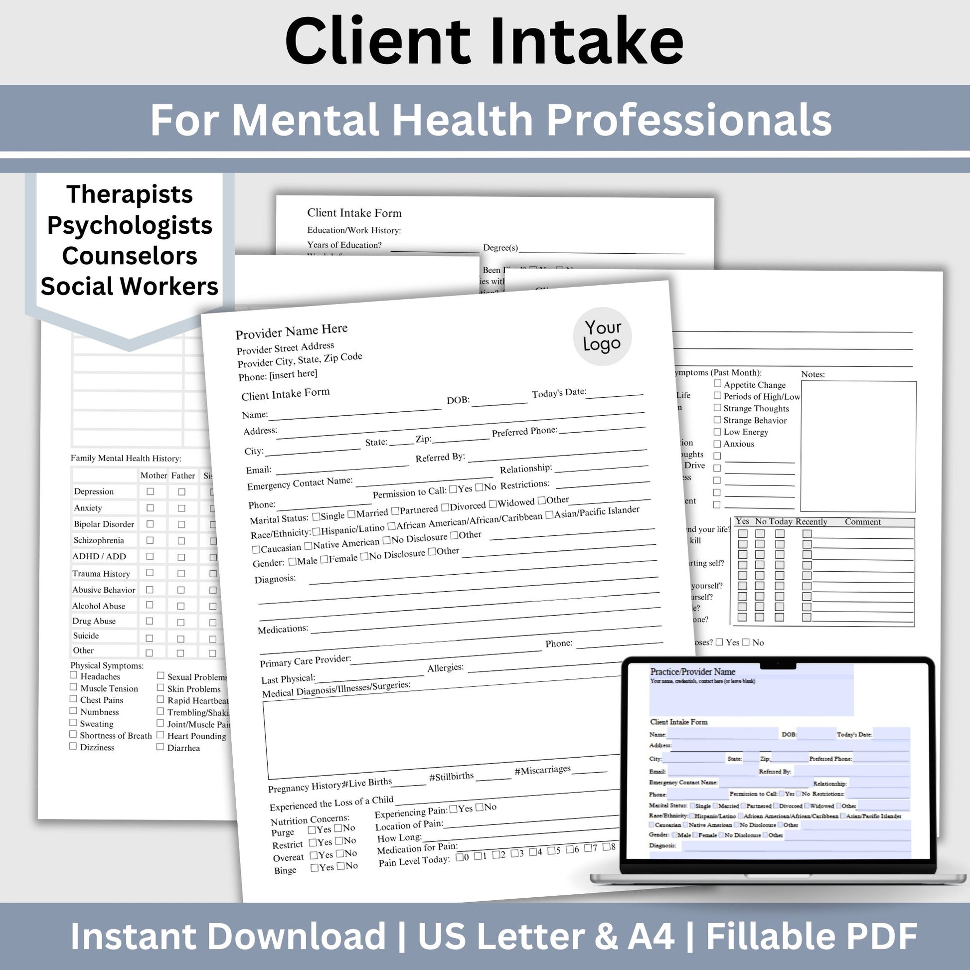 Comprehensive Client Intake Form, a fillable PDF template designed for mental health professionals. Tailored to therapists, counselors, psychologists, and social workers.