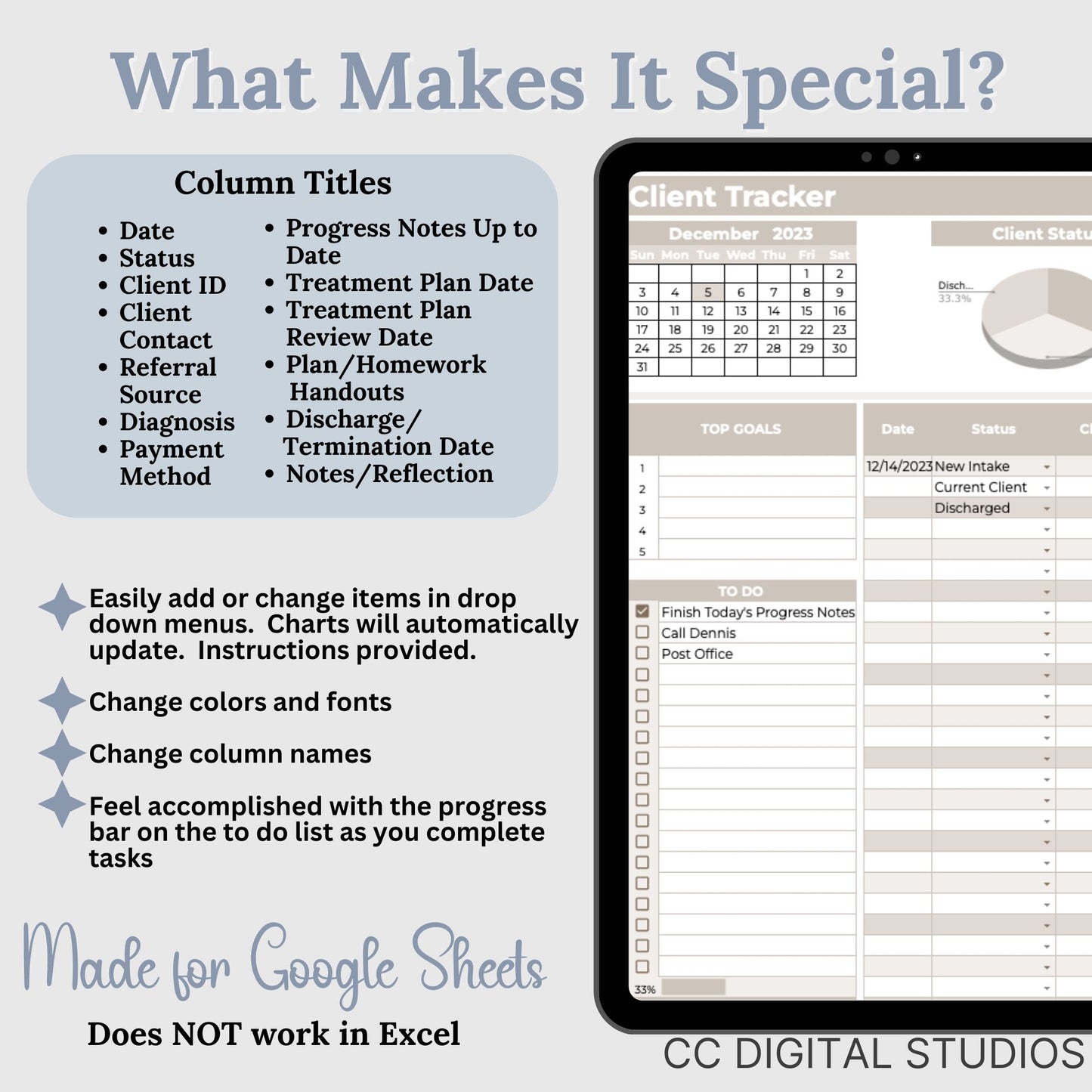 Client Tracker for Google Sheets document is tailored for mental health professionals to efficiently manage their client caseload. This client tracker is designed to streamline the workflow of therapists in private practice or counseling offices, offering a centralized platform for client session tracking and management.