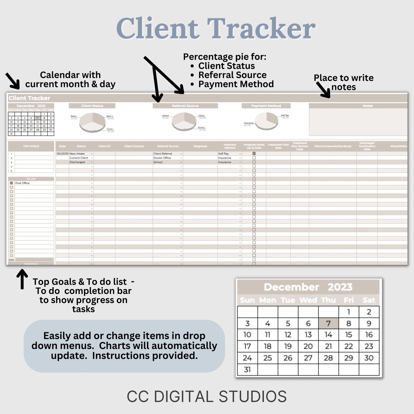 Client Tracker for Google Sheets document is tailored for mental health professionals to efficiently manage their client caseload. This client tracker is designed to streamline the workflow of therapists in private practice or counseling offices, offering a centralized platform for client session tracking and management.