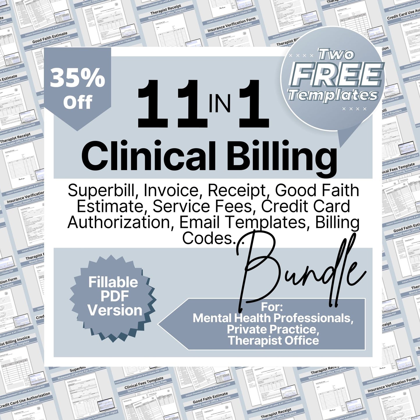 SAVE 35% when you buy our clinical billing bundle! Set your private practice up for success with billing/invoicing and insurance tools. Professional private practice fillable PDF forms for your therapist office.