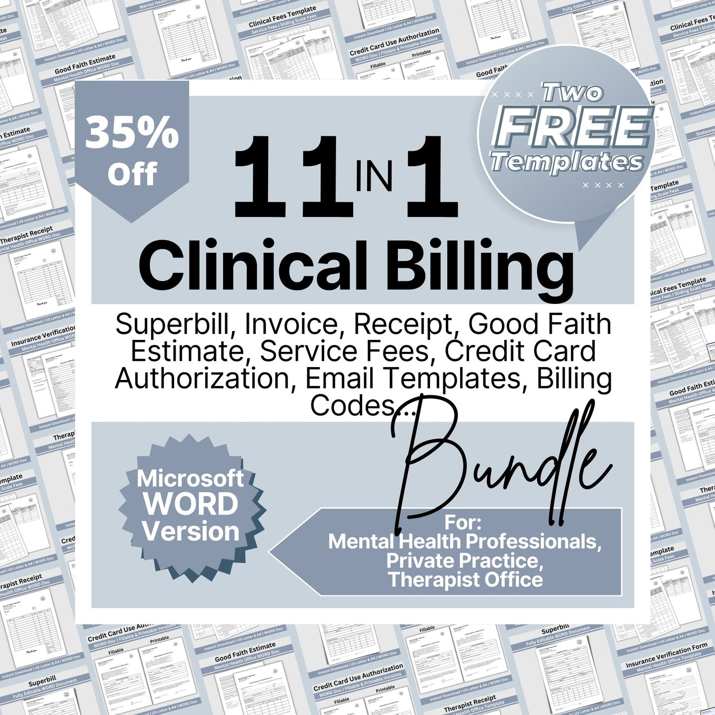 SAVE 35% when you buy our clinical billing bundle for client billing! Set your private practice up for success with billing/invoicing and insurance tools. Professional therapist office billing forms with easy to use WORD Doc templates.