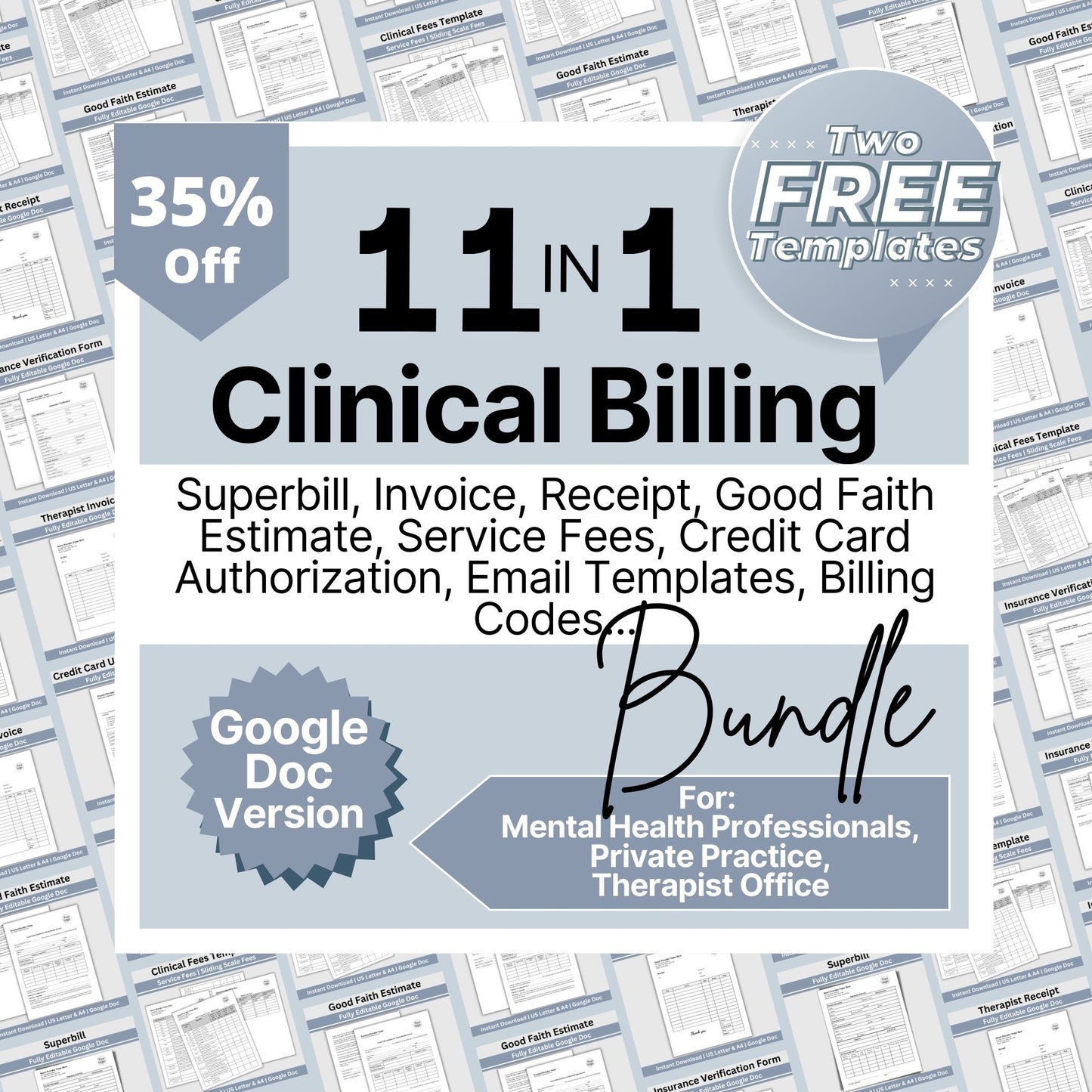 SAVE 35% when you buy our clinical billing bundle for client billing! Set your private practice up for success with billing/invoicing and insurance tools. Professional therapist office billing forms with easy to use Google Doc templates.