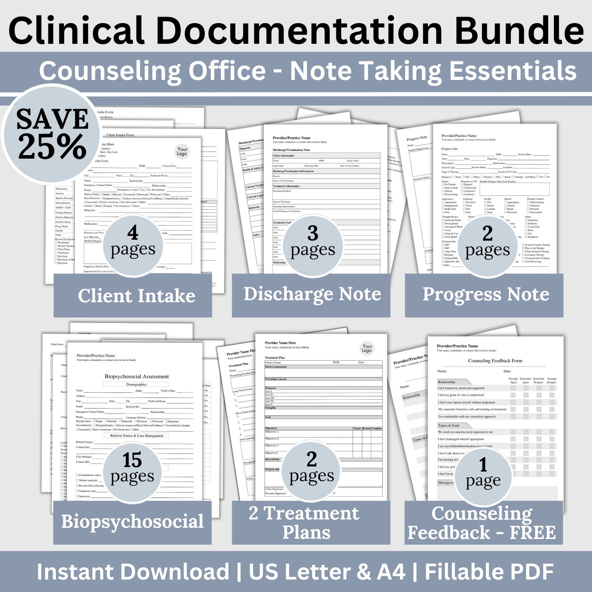 Clinician Documentation Bundle, SAVE 25%, Progress Notes, Client Intake, Treatment Plans, Biopsychosocial Assessment, FREE Discharge Note