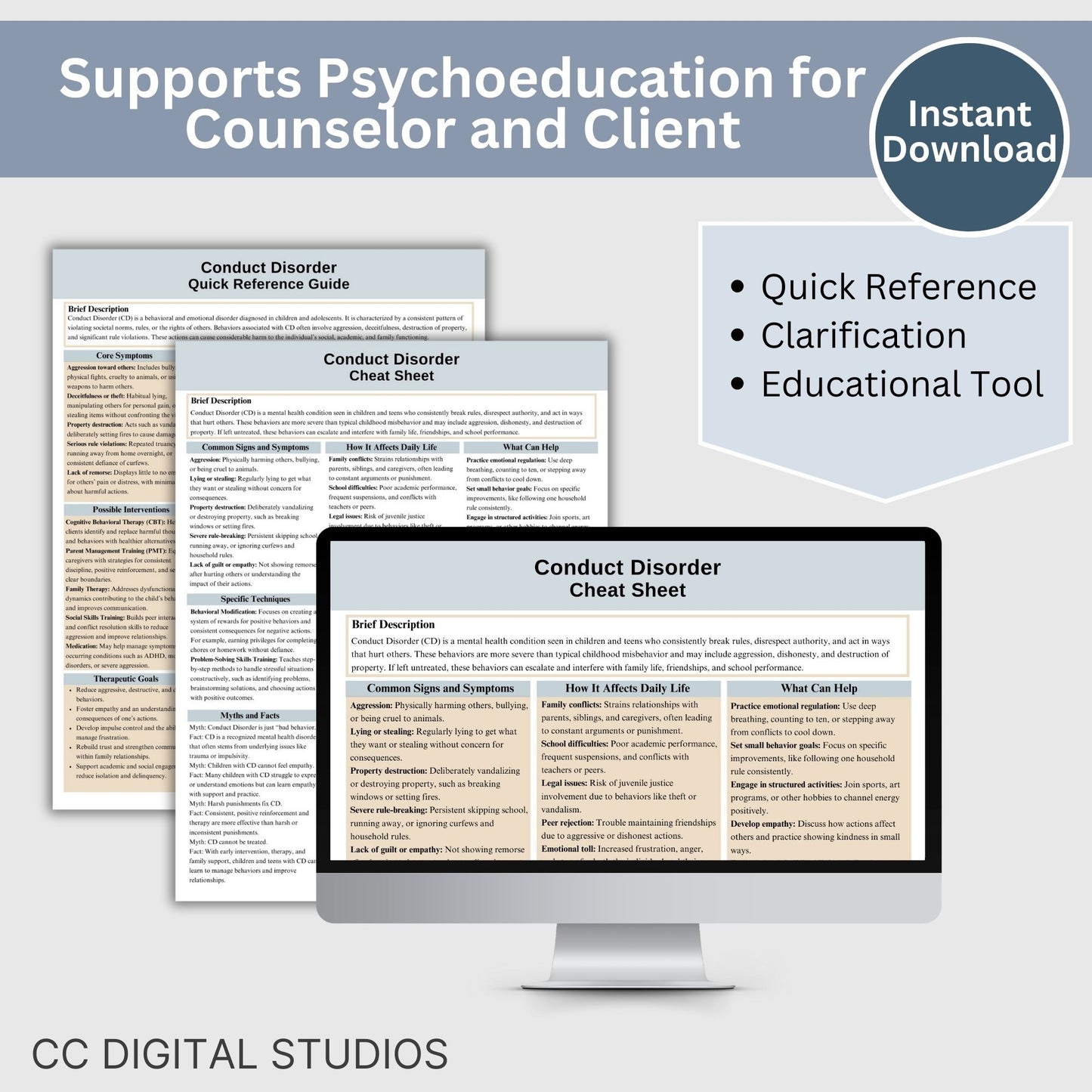 This 2-in-1 Conduct Disorder Cheat Sheet is designed for both therapists and clients! It includes a therapist's quick reference guide and a client-friendly psychoeducational sheet, making it a valuable Conduct Disorder therapy tool.