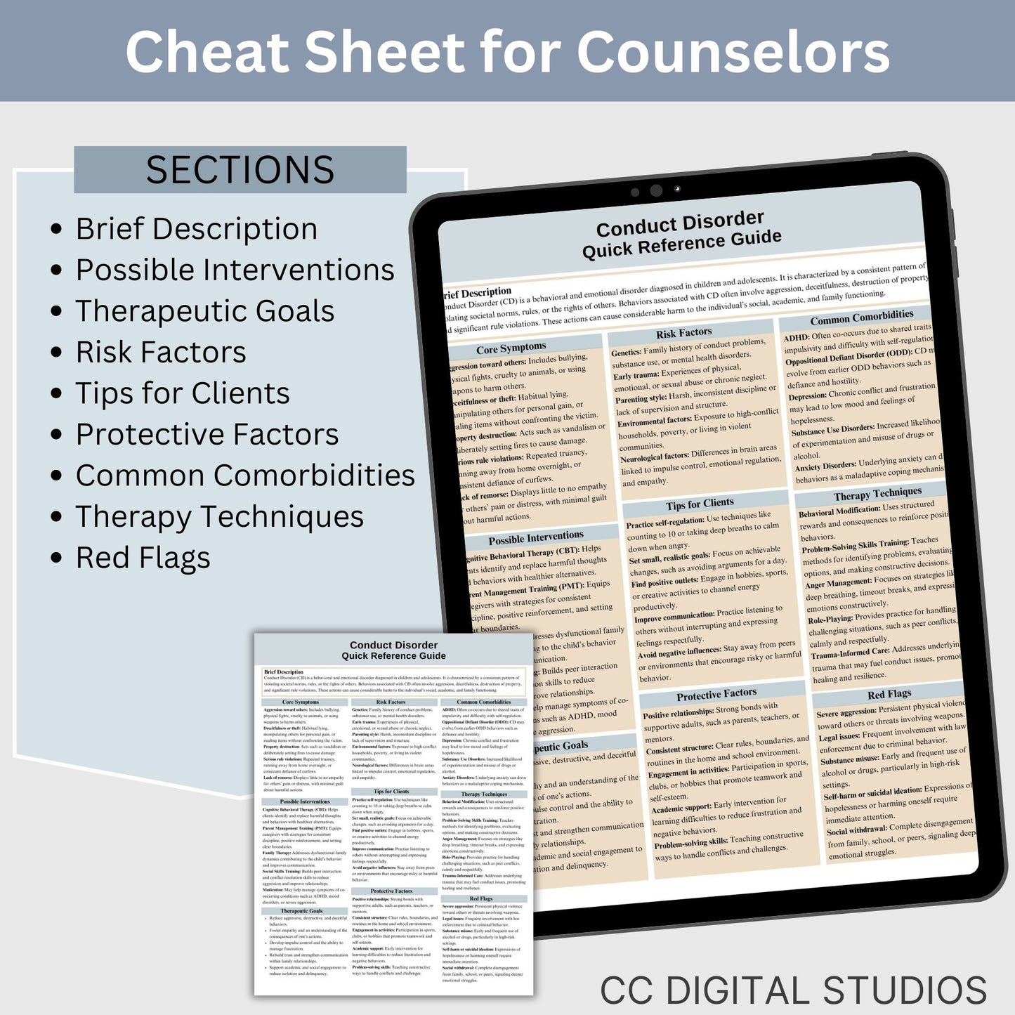 This 2-in-1 Conduct Disorder Cheat Sheet is designed for both therapists and clients! It includes a therapist's quick reference guide and a client-friendly psychoeducational sheet, making it a valuable Conduct Disorder therapy tool.
