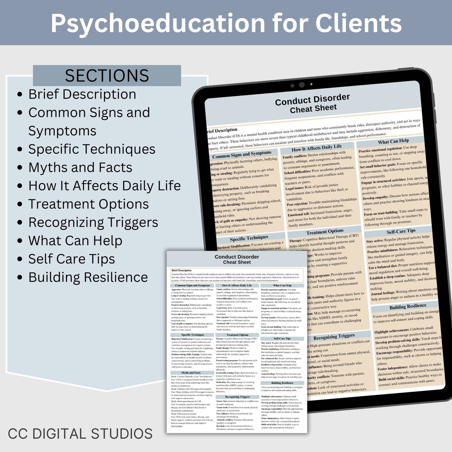 This 2-in-1 Conduct Disorder Cheat Sheet is designed for both therapists and clients! It includes a therapist's quick reference guide and a client-friendly psychoeducational sheet, making it a valuable Conduct Disorder therapy tool.