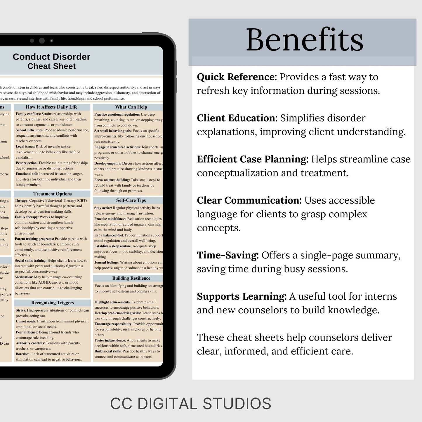 This 2-in-1 Conduct Disorder Cheat Sheet is designed for both therapists and clients! It includes a therapist's quick reference guide and a client-friendly psychoeducational sheet, making it a valuable Conduct Disorder therapy tool.