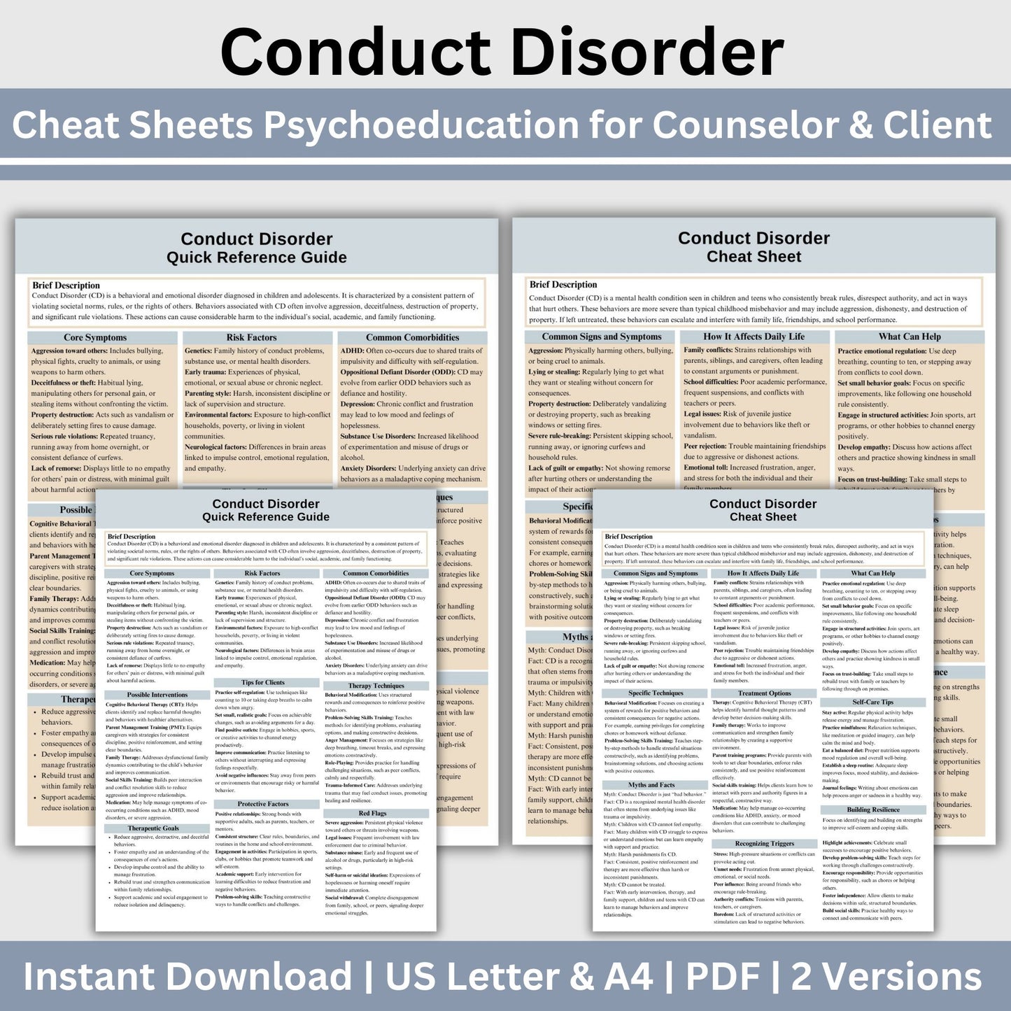 This 2-in-1 Conduct Disorder Cheat Sheet is designed for both therapists and clients! It includes a therapist's quick reference guide and a client-friendly psychoeducational sheet, making it a valuable Conduct Disorder therapy tool.