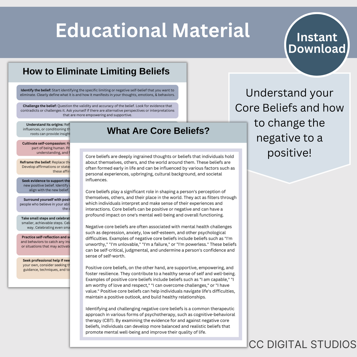 Our Core Values & Beliefs CBT worksheets can help you learn to control your emotions through positive thoughts. They are made to guide you in discovering what's really important to you, understanding your thoughts, and getting to know the real you.