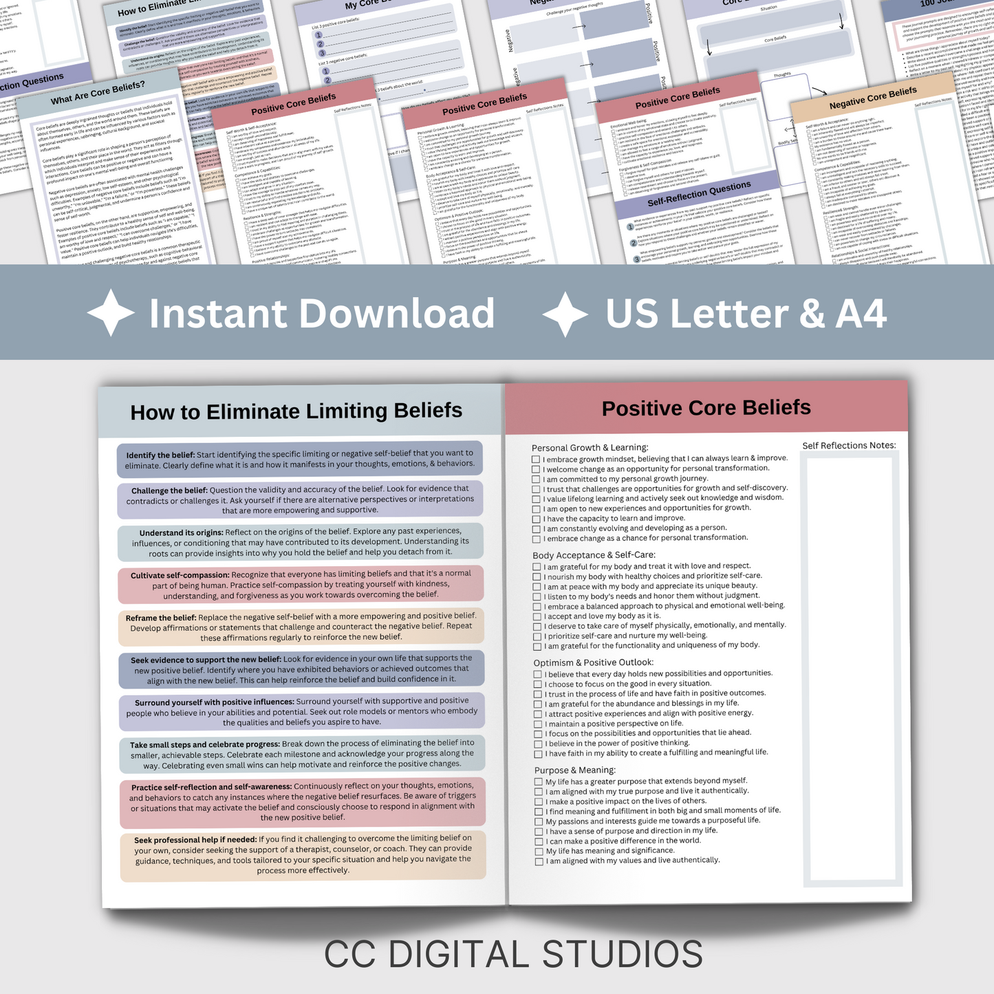Our Core Values & Beliefs CBT worksheets can help you learn to control your emotions through positive thoughts. They are made to guide you in discovering what's really important to you, understanding your thoughts, and getting to know the real you.