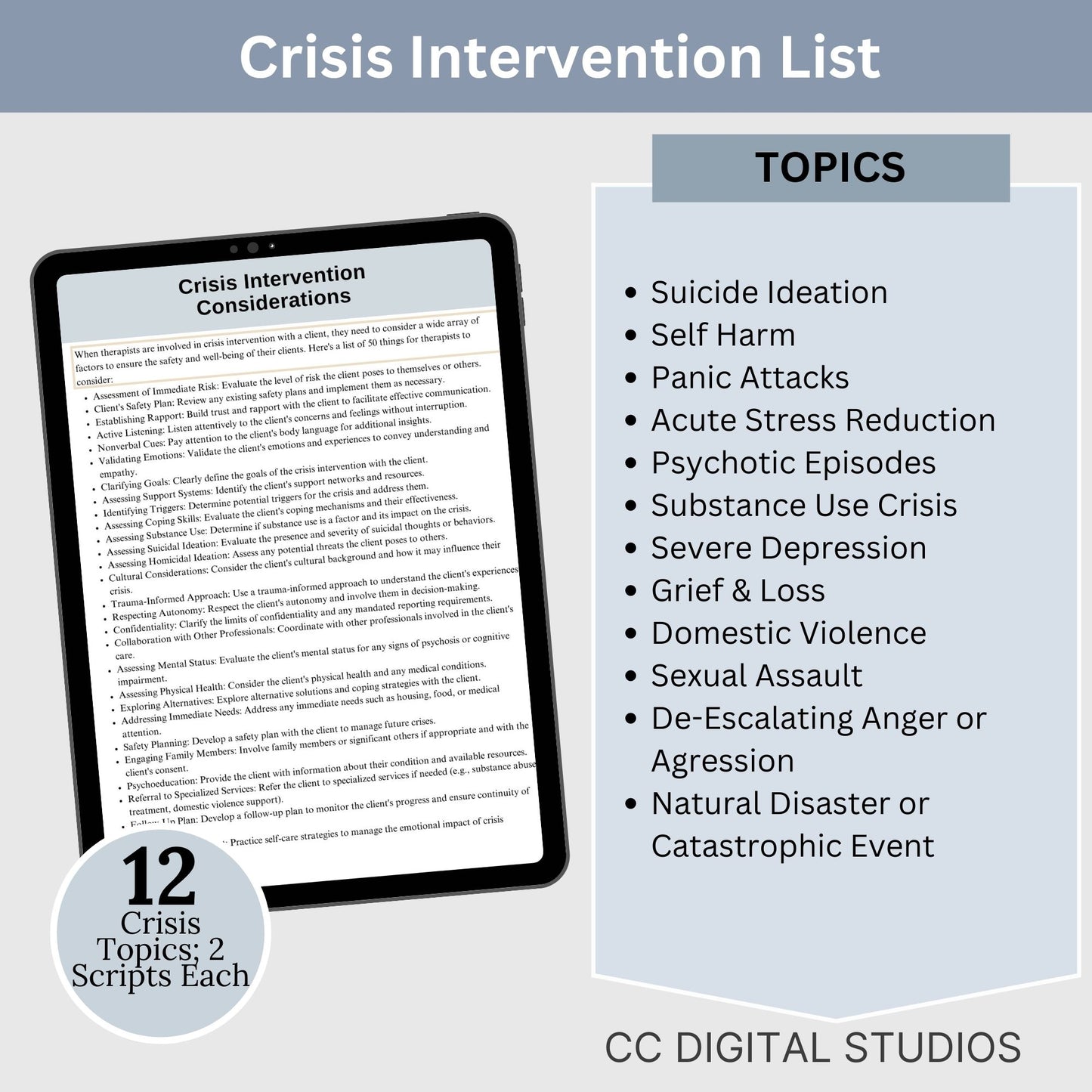 Crisis intervention therapy scripts and tips. Unlock the full potential of your therapeutic practice with our comprehensive 50 page Mental Health Therapy Scripts, covering 27 crisis intervention therapy sessions.