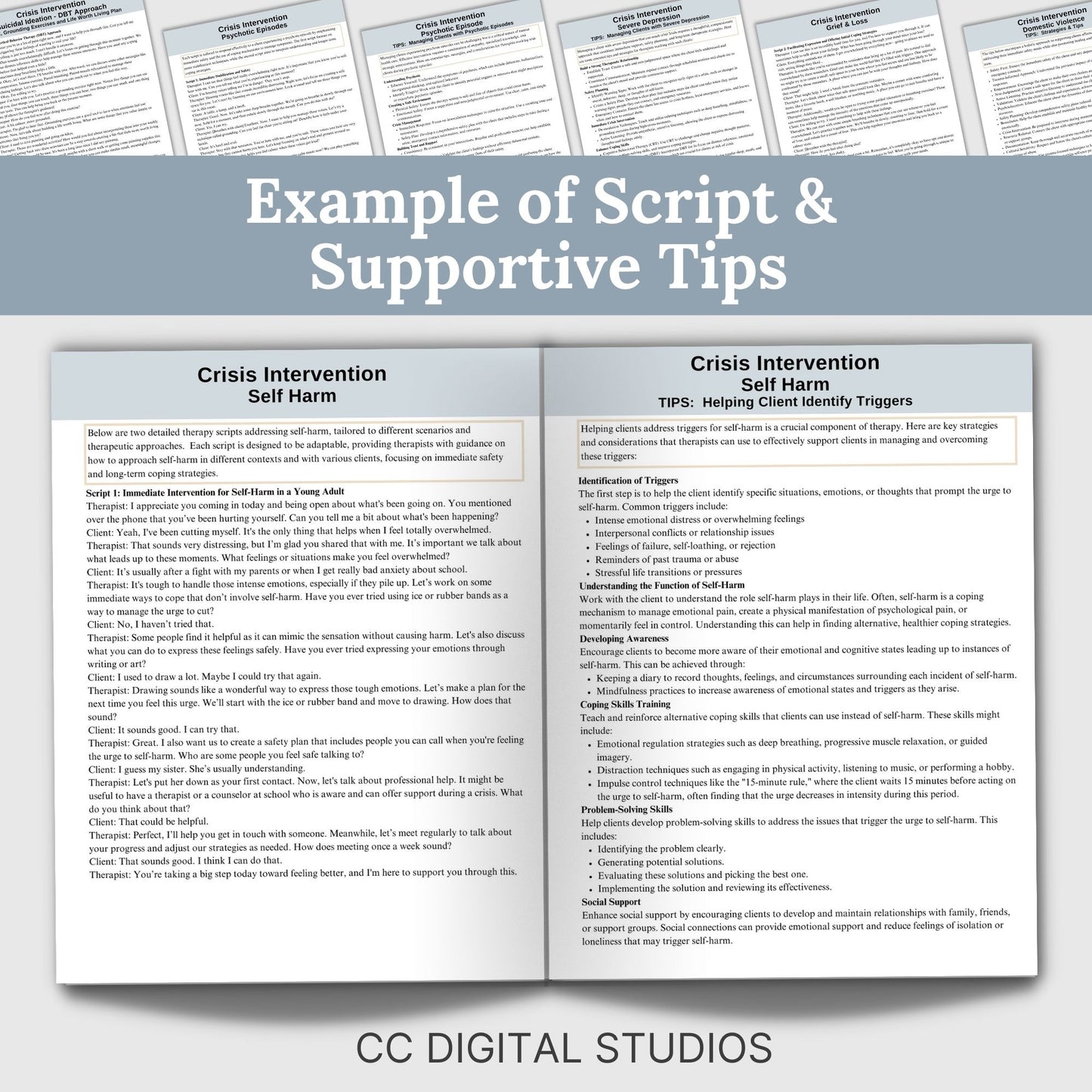 Crisis intervention therapy scripts and tips. Unlock the full potential of your therapeutic practice with our comprehensive 50 page Mental Health Therapy Scripts, covering 27 crisis intervention therapy sessions.