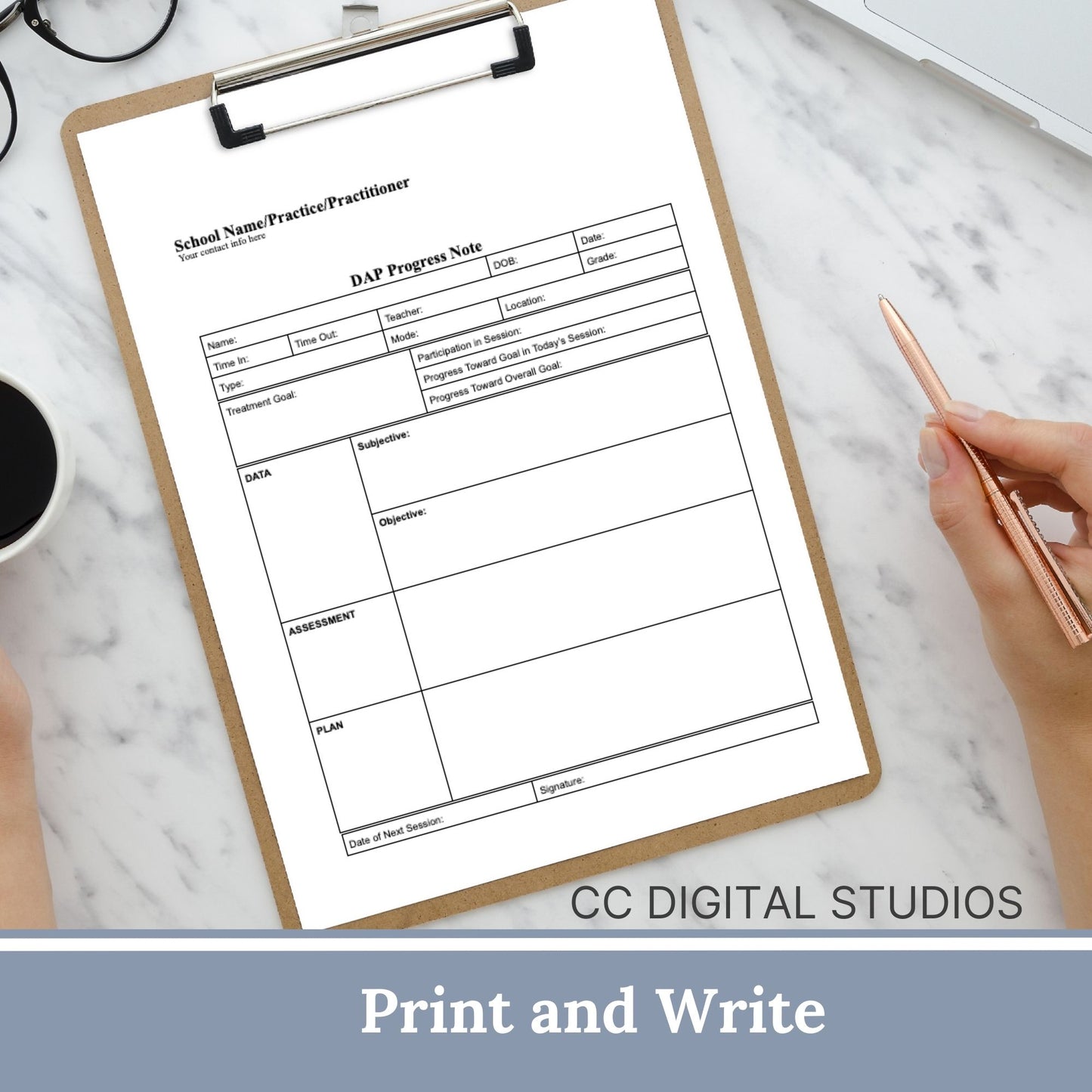 DAP Progress Note for School Counselors, School Psychologist, School Social Work Counseling Tools, Session Notes, Therapist Office Form