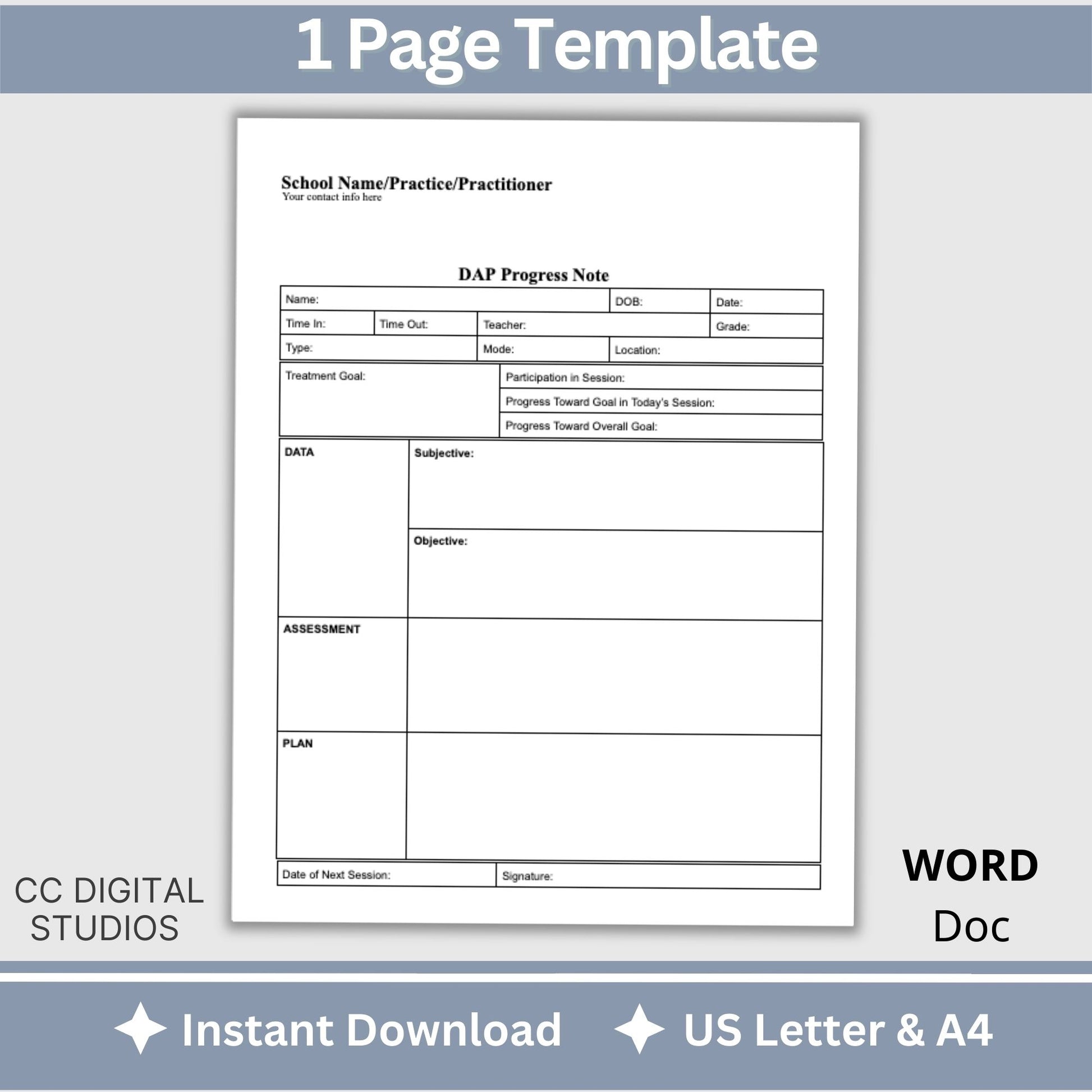 DAP Progress Note for School Counselors, School Psychologist, School Social Work Counseling Tools, Session Notes, Therapist Office Form