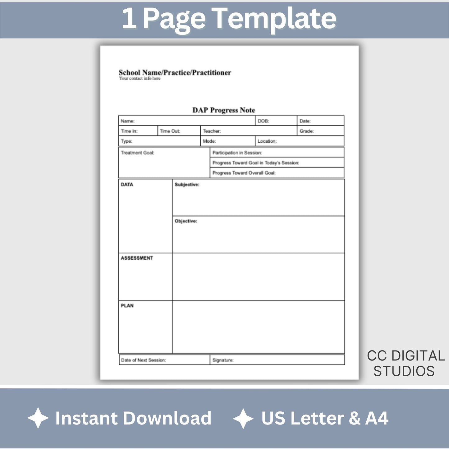 DAP Progress Note for School Counselors, School Psychologist, School Social Work Counseling Tools, Session Notes, Therapist Office Form