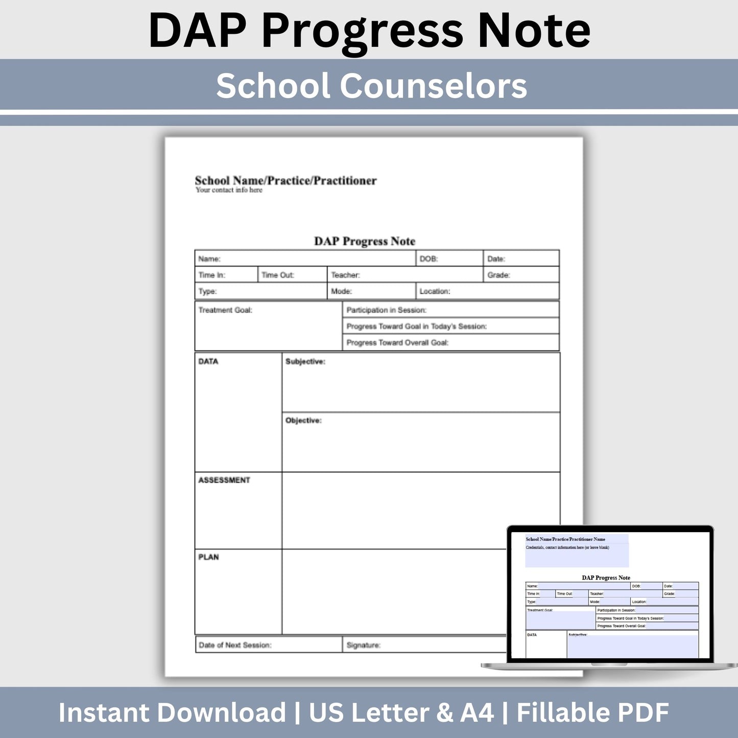 DAP Progress Note for School Counselors, School Psychologist, School Social Work Counseling Tools, Session Notes, Therapist Office Form