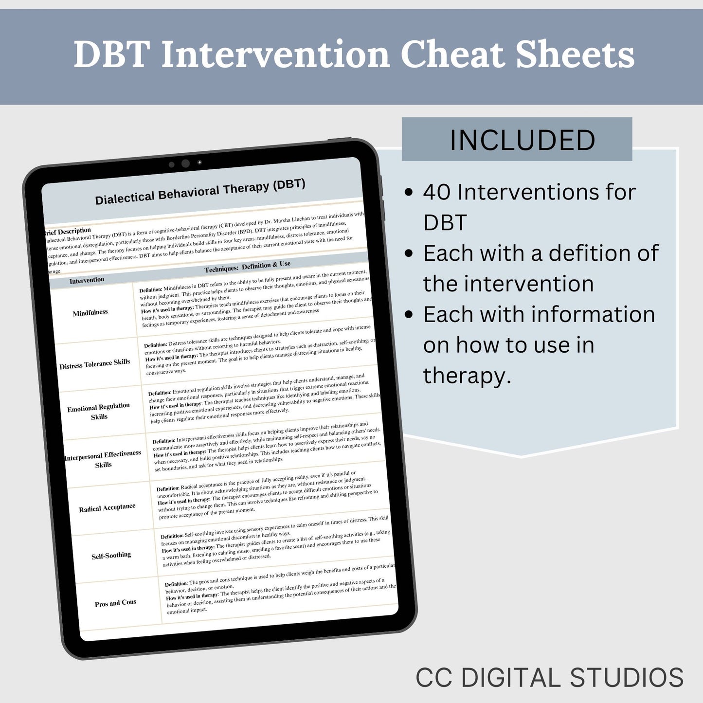 DBT Therapy Interventions List Cheat Sheet