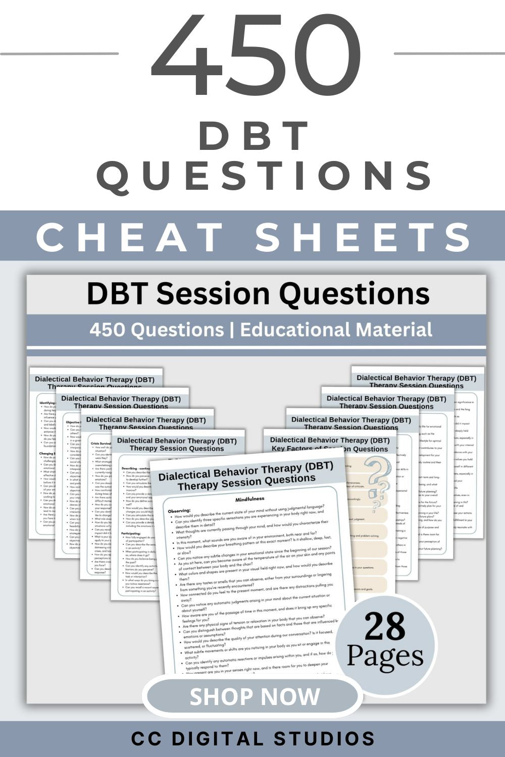 DBT skills in therapy sessions with our comprehensive Therapy Questions Reference Sheet, designed to facilitate meaningful discussions and foster self-reflection. With 450 therapy questions, this therapy cheat sheet is an invaluable tool for counseling offices, offering a practical guide for psychotherapy sessions.