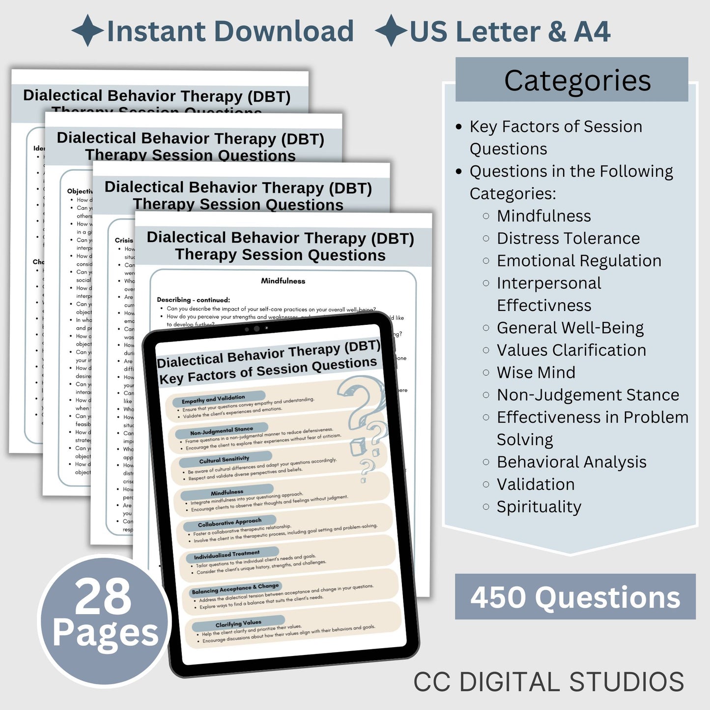 DBT skills in therapy sessions with our comprehensive Therapy Questions Reference Sheet, designed to facilitate meaningful discussions and foster self-reflection. With 450 therapy questions, this therapy cheat sheet is an invaluable tool for counseling offices, offering a practical guide for psychotherapy sessions.