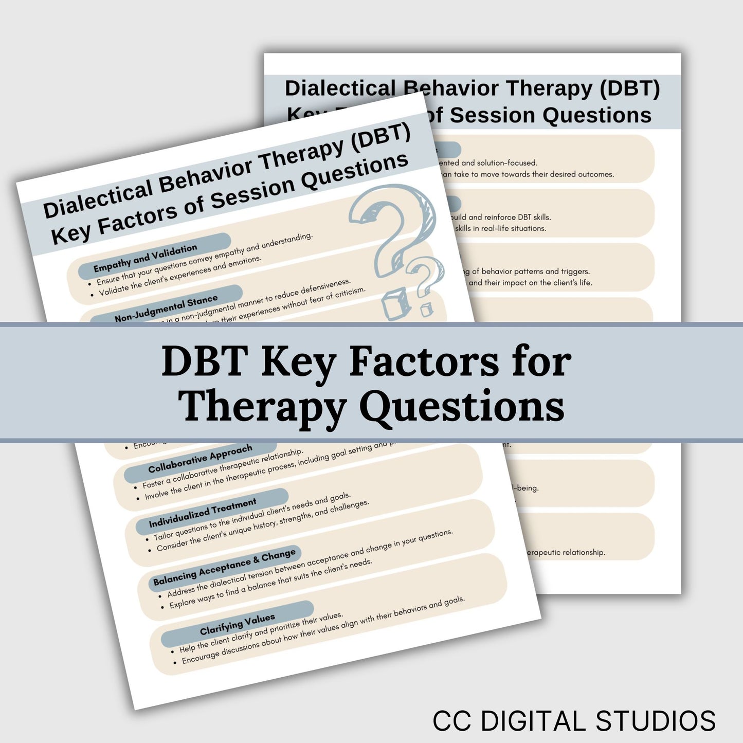 DBT skills in therapy sessions with our comprehensive Therapy Questions Reference Sheet, designed to facilitate meaningful discussions and foster self-reflection. With 450 therapy questions, this therapy cheat sheet is an invaluable tool for counseling offices, offering a practical guide for psychotherapy sessions.