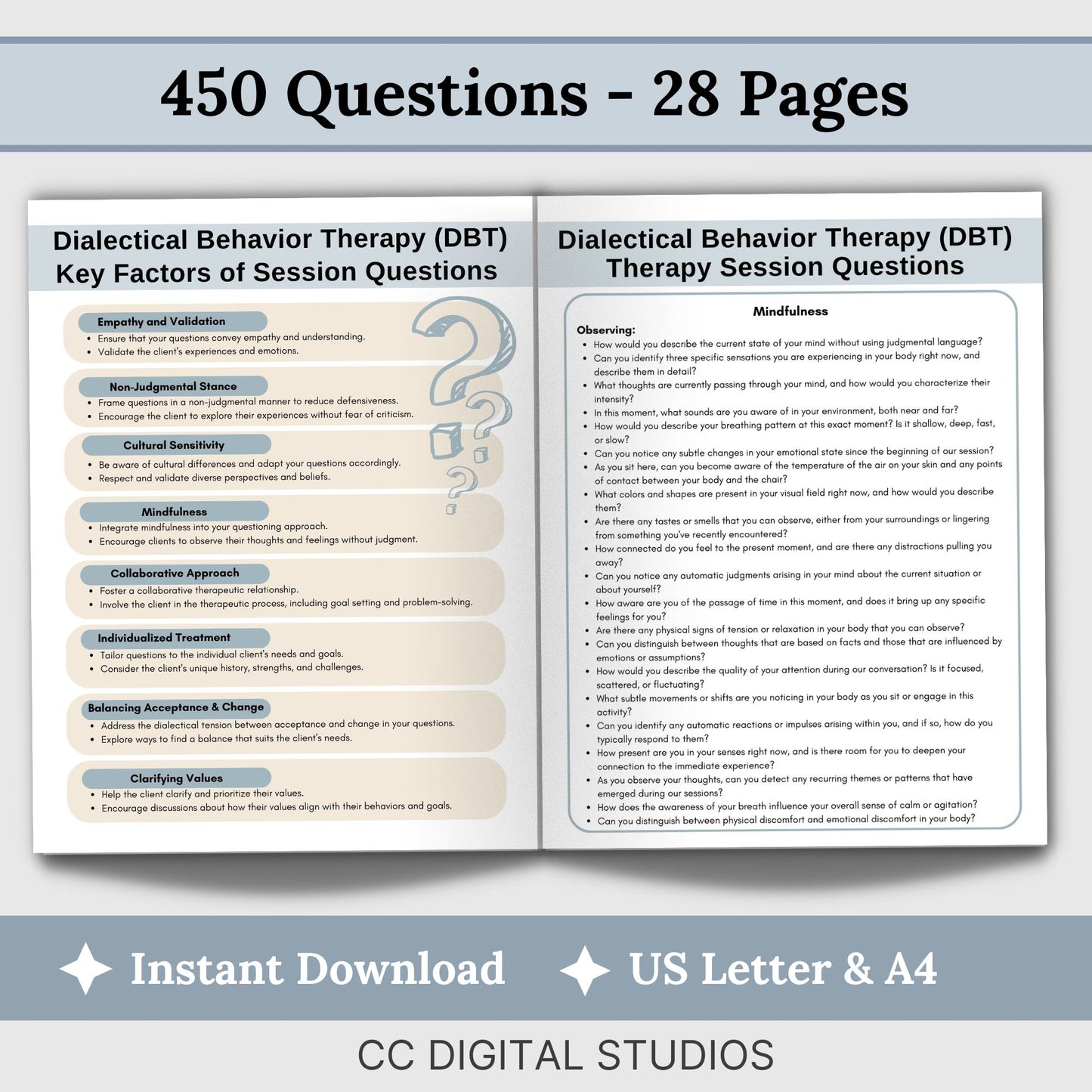DBT skills in therapy sessions with our comprehensive Therapy Questions Reference Sheet, designed to facilitate meaningful discussions and foster self-reflection. With 450 therapy questions, this therapy cheat sheet is an invaluable tool for counseling offices, offering a practical guide for psychotherapy sessions.