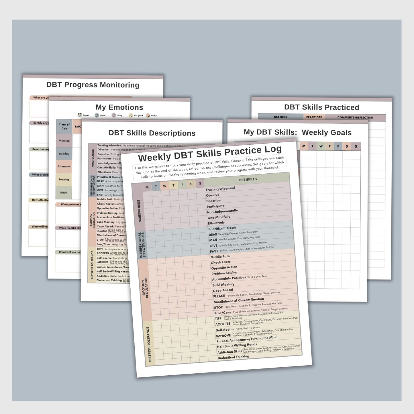 DBT skills worksheets, designed for mental health professionals and individuals seeking effective coping strategies. Practical DBT cheat sheets and skills diary to track progress in Dialectical Behavior Therapy.