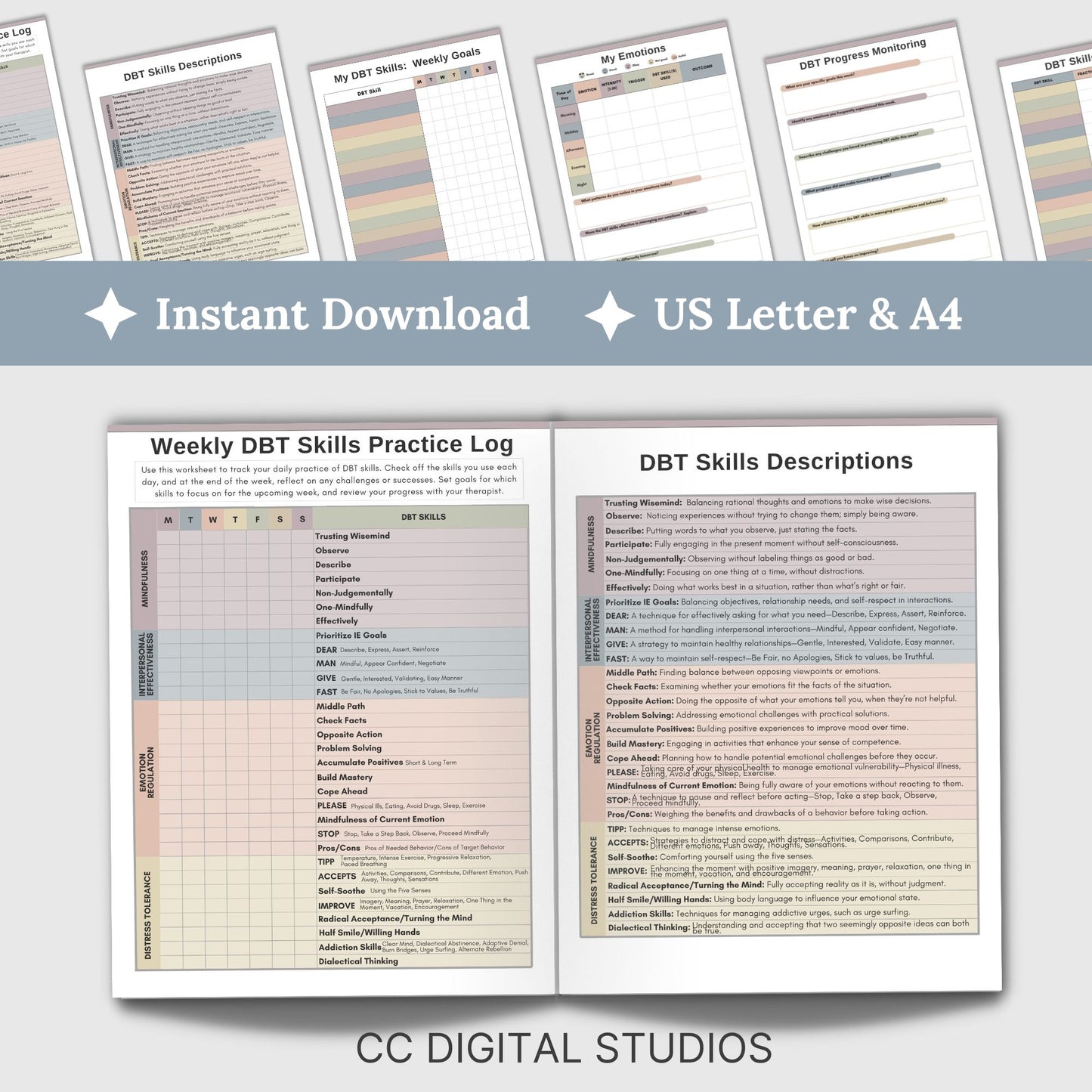 DBT skills worksheets, designed for mental health professionals and individuals seeking effective coping strategies. Practical DBT cheat sheets and skills diary to track progress in Dialectical Behavior Therapy.