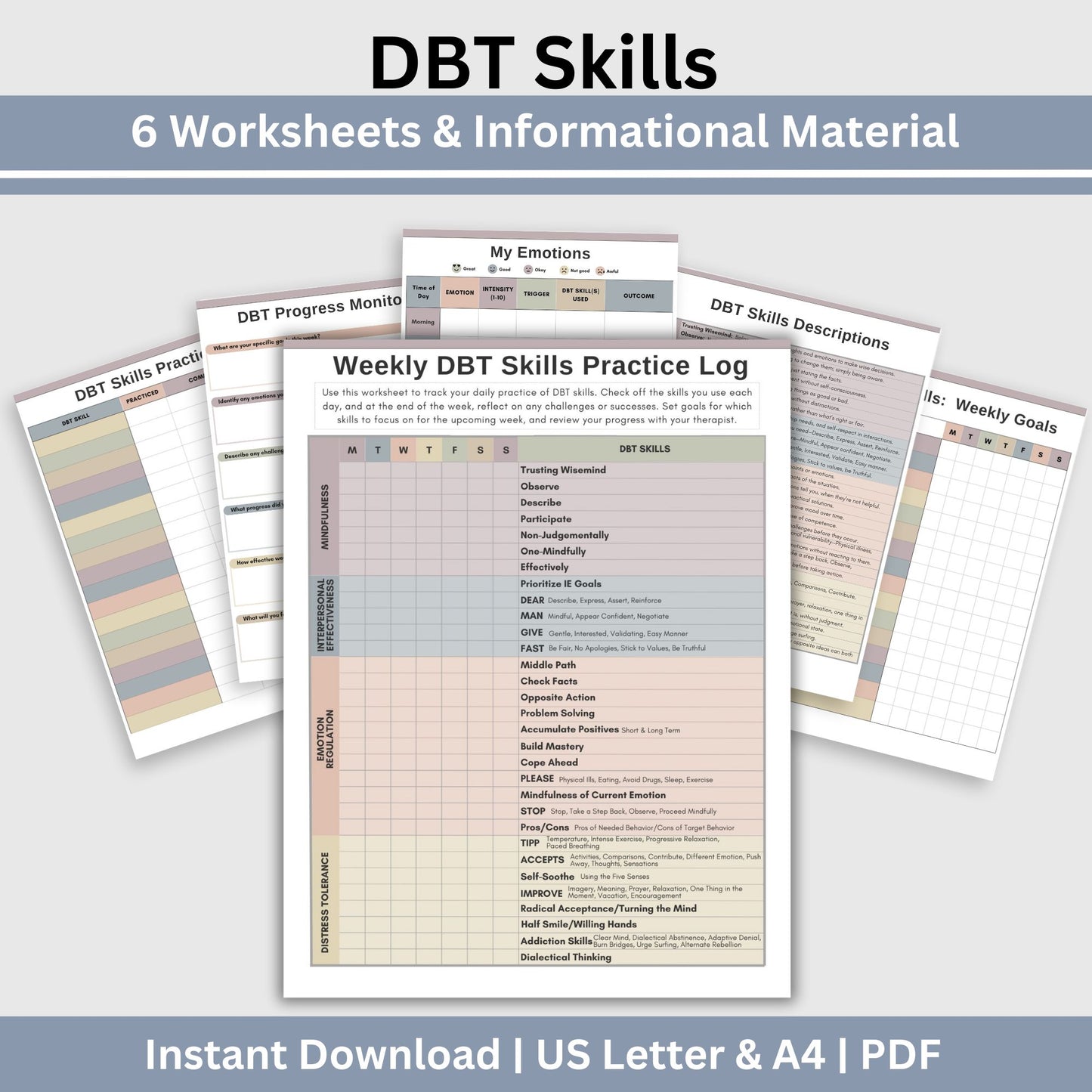 DBT skills worksheets, designed for mental health professionals and individuals seeking effective coping strategies. Practical DBT cheat sheets and skills diary to track progress in Dialectical Behavior Therapy.