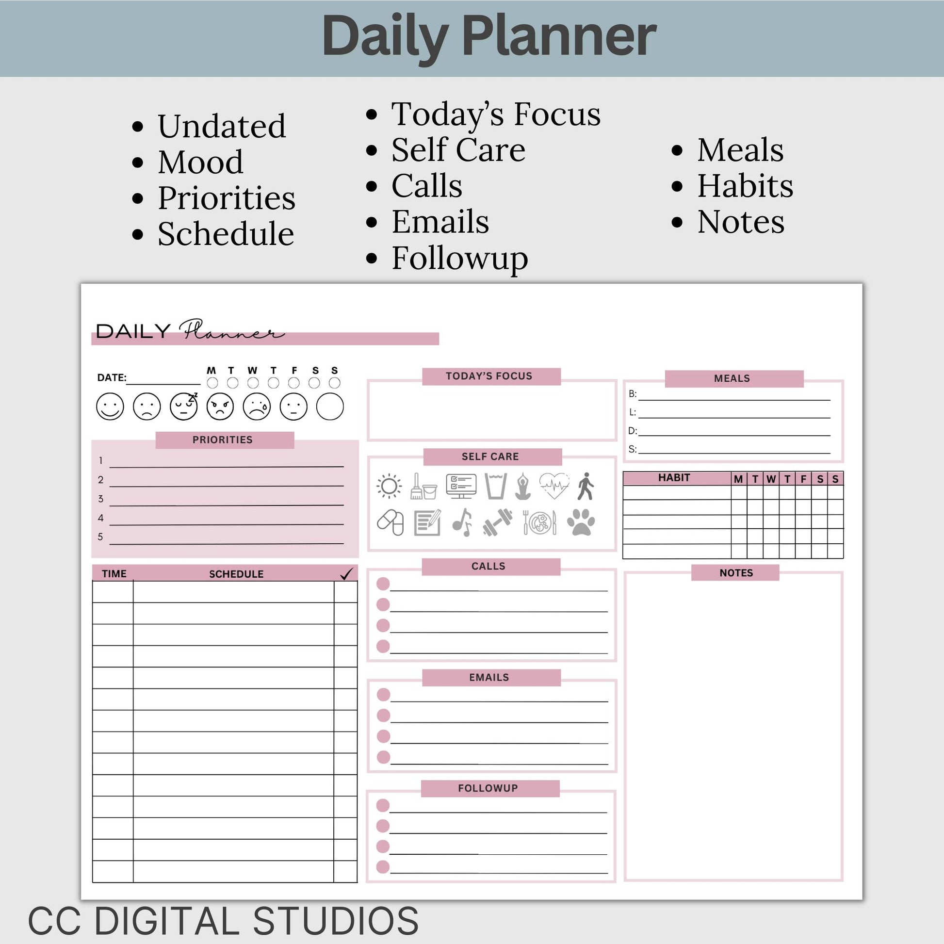 Get ready to boost your productivity and conquer your daily schedule with this beautifully designed digital and printable daily planner. Whether you're a busy professional, a diligent student, or a super-organized individual, this planner is your secret weapon to stay on top of your game.