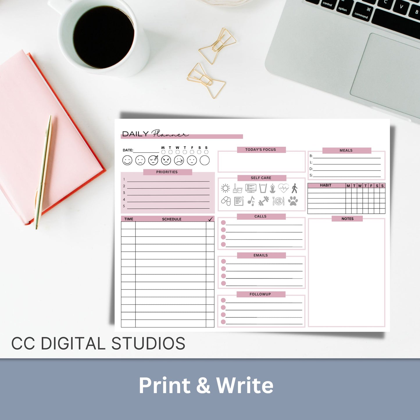 Get ready to boost your productivity and conquer your daily schedule with this beautifully designed digital and printable daily planner. Whether you're a busy professional, a diligent student, or a super-organized individual, this planner is your secret weapon to stay on top of your game.