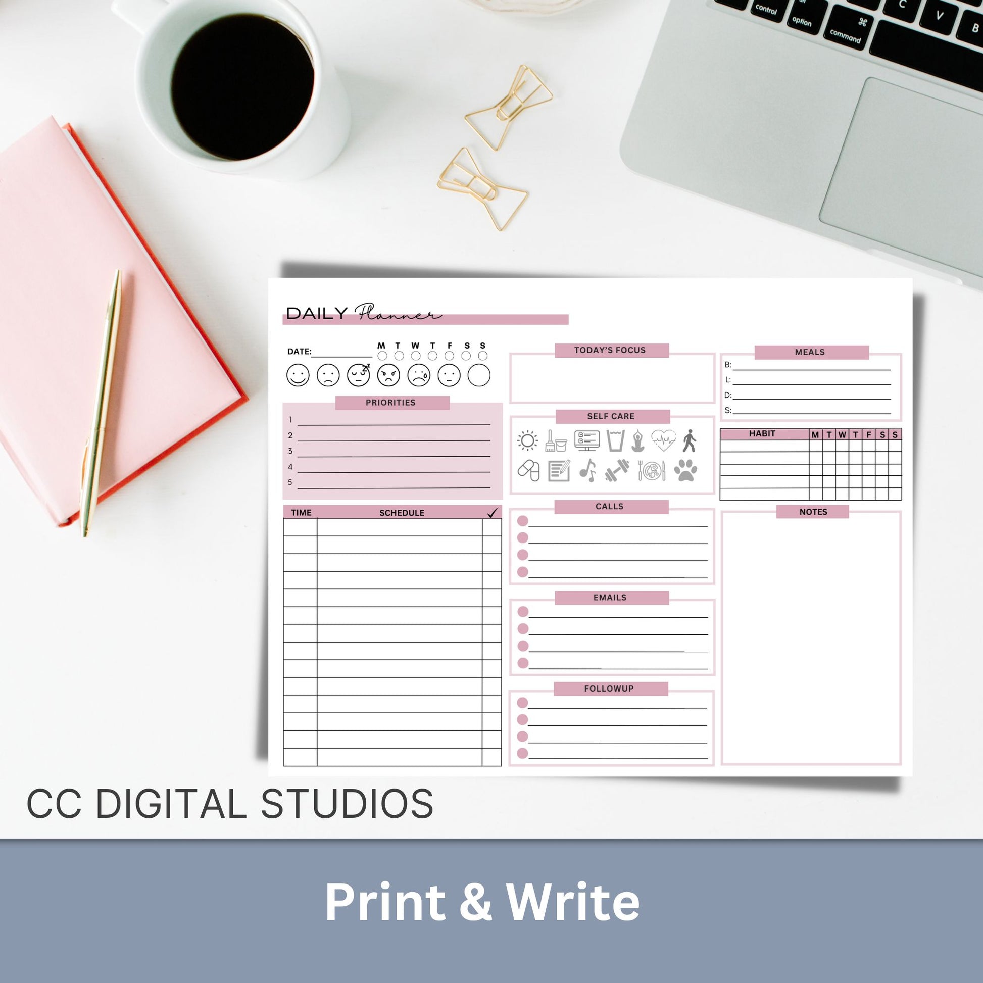 Get ready to boost your productivity and conquer your daily schedule with this beautifully designed digital and printable daily planner. Whether you're a busy professional, a diligent student, or a super-organized individual, this planner is your secret weapon to stay on top of your game.
