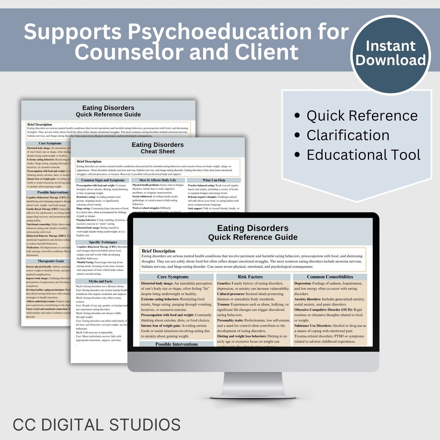 This 2-in-1 Eating Disorders Cheat Sheet is designed for both therapists and clients! It includes a therapist's quick reference guide and a client-friendly psychoeducational sheet, making it a valuable Eating Disorders therapy tool.