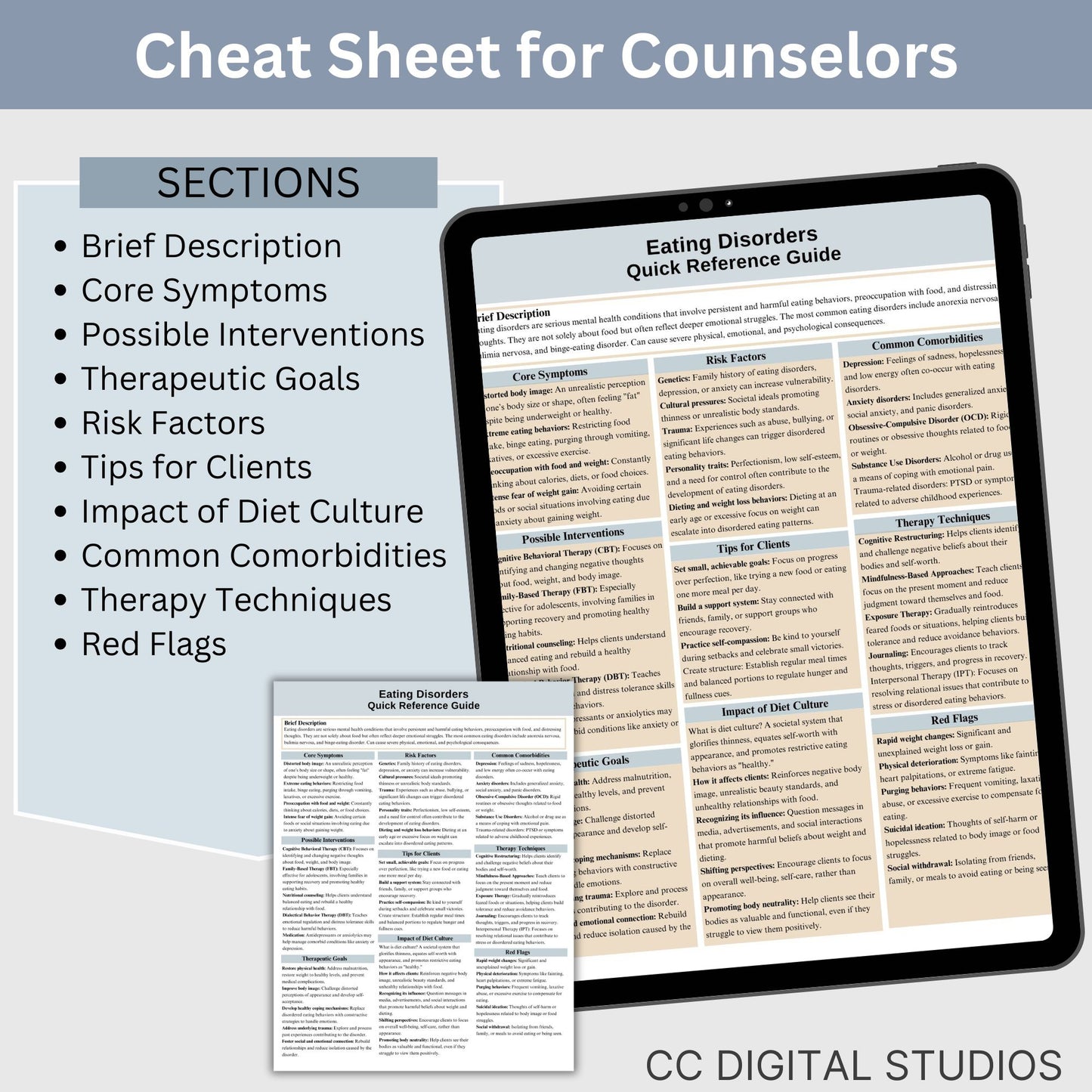 This 2-in-1 Eating Disorders Cheat Sheet is designed for both therapists and clients! It includes a therapist's quick reference guide and a client-friendly psychoeducational sheet, making it a valuable Eating Disorders therapy tool.
