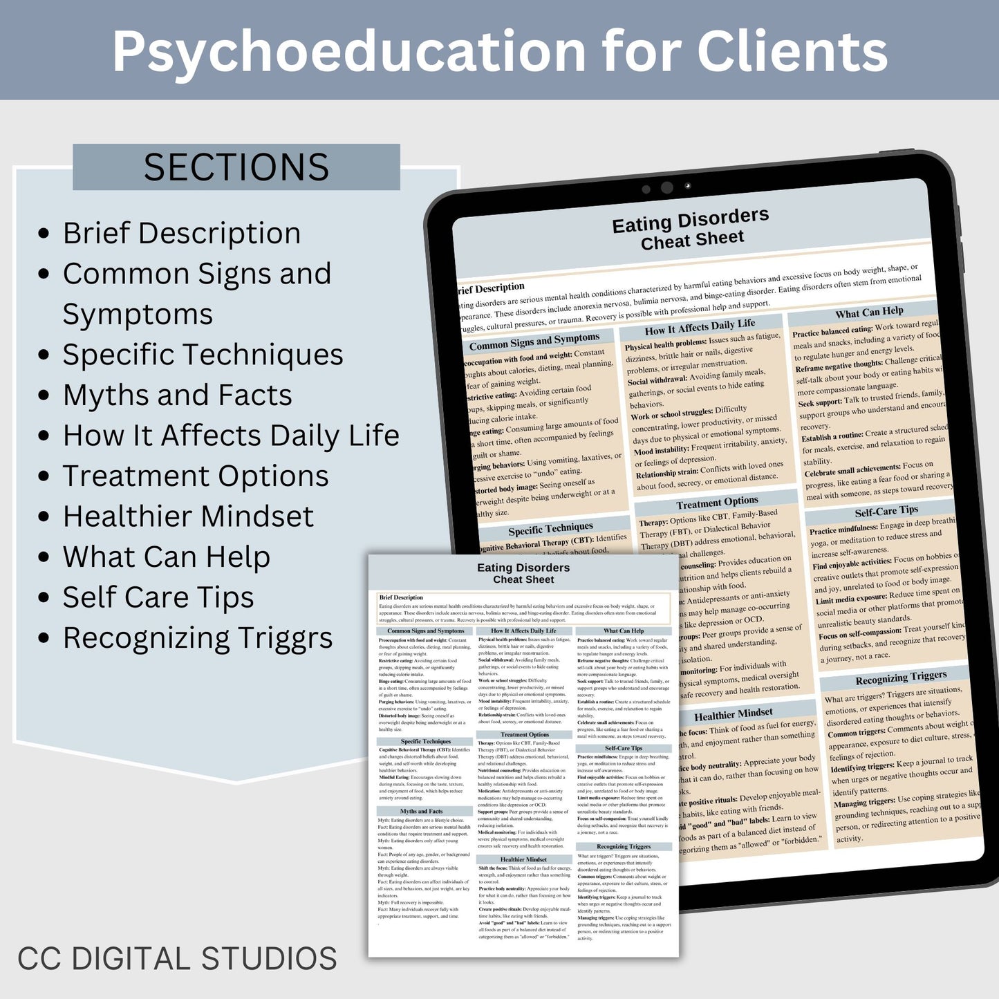 This 2-in-1 Eating Disorders Cheat Sheet is designed for both therapists and clients! It includes a therapist's quick reference guide and a client-friendly psychoeducational sheet, making it a valuable Eating Disorders therapy tool.