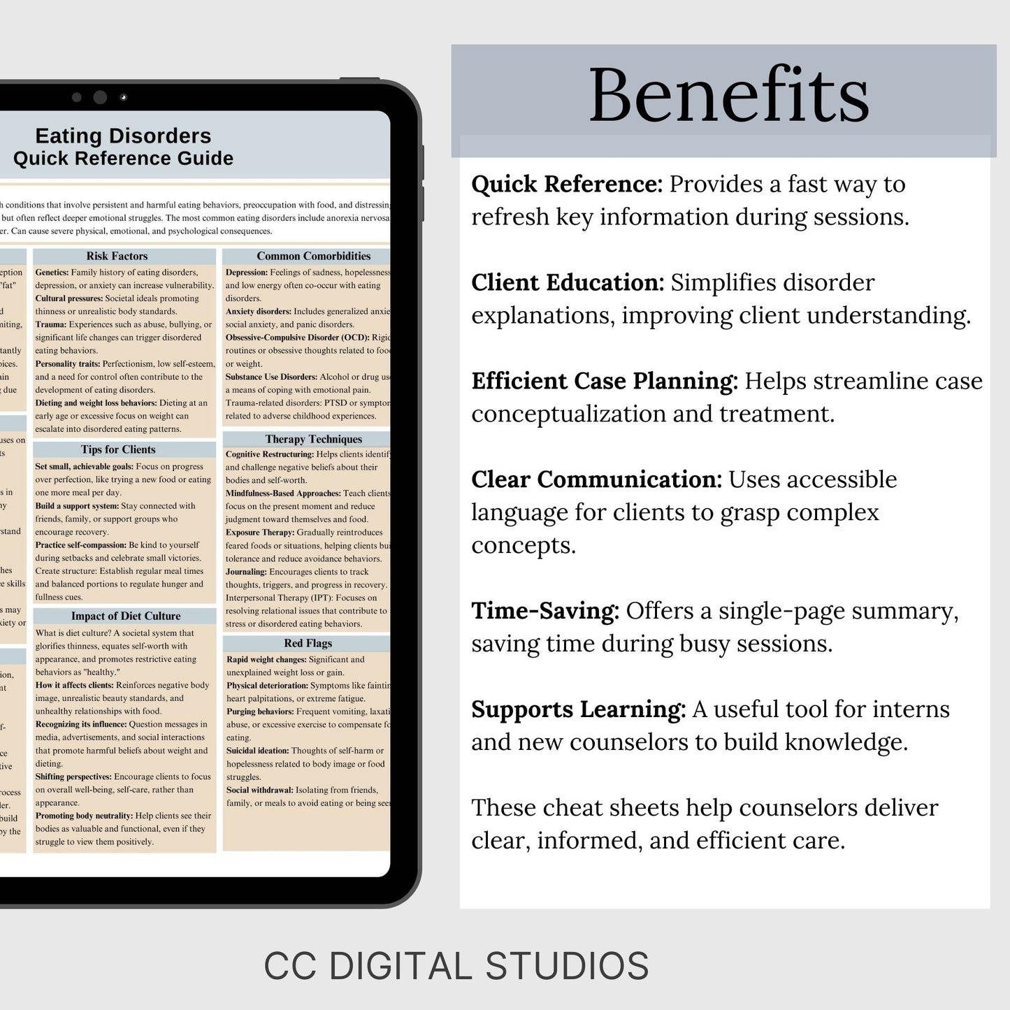 This 2-in-1 Eating Disorders Cheat Sheet is designed for both therapists and clients! It includes a therapist's quick reference guide and a client-friendly psychoeducational sheet, making it a valuable Eating Disorders therapy tool.