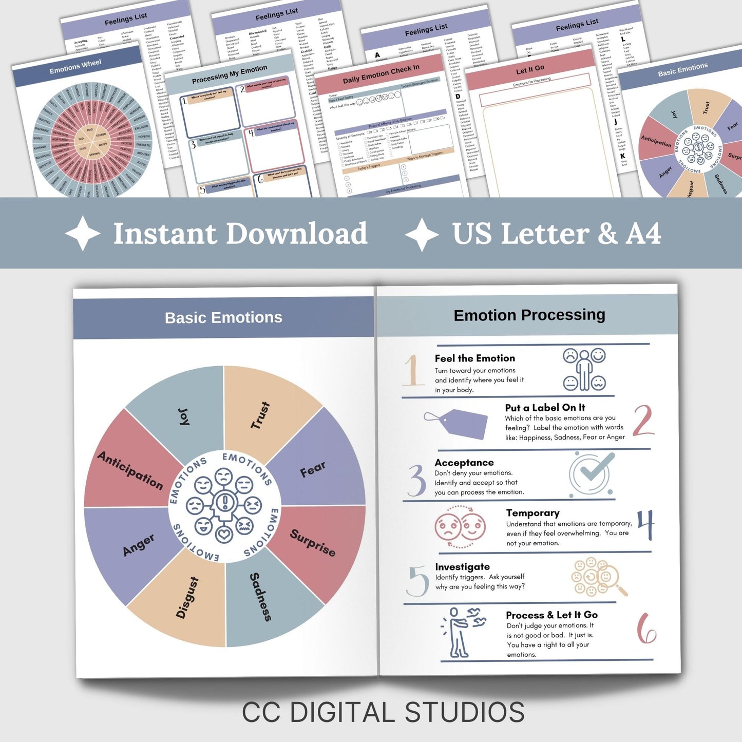 emotion wheel and therapy worksheets for personal growth and client support. Perfect for therapists, school counselors, and individuals, these tools include a FREE feelings wheels, 11 pages of information & feelings lists and 3 worksheets.