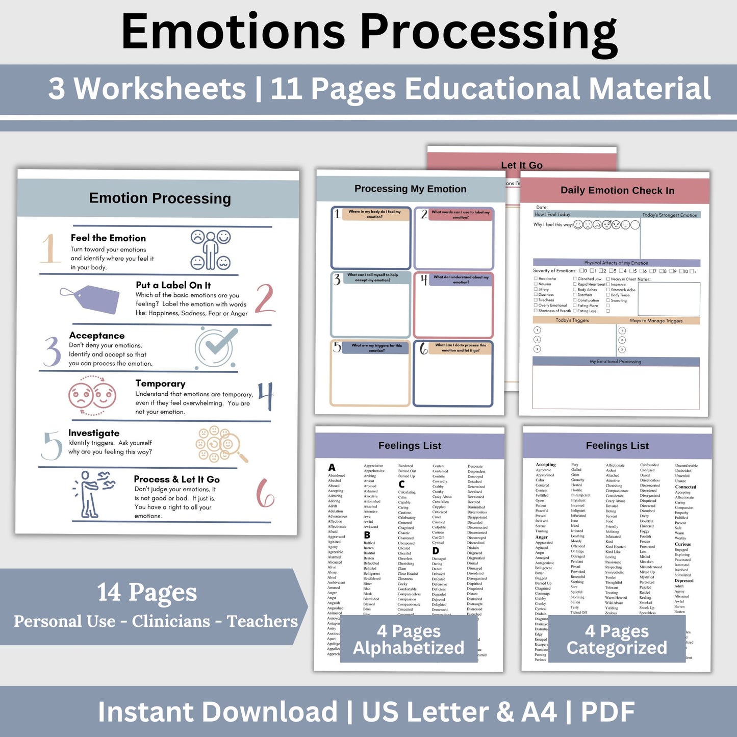 emotion wheel and therapy worksheets for personal growth and client support. Perfect for therapists, school counselors, and individuals, these tools include a FREE feelings wheels, 11 pages of information & feelings lists and 3 worksheets.