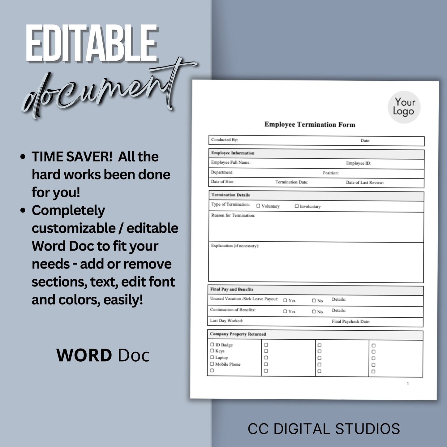 Employee Termination Template - Editable WORD DOC