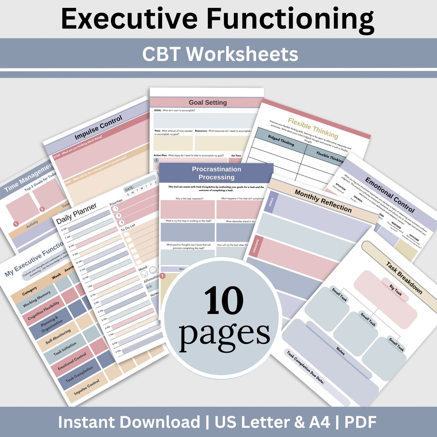 ADHD adult Executive Functioning worksheets to process in the eight key executive functioning skills