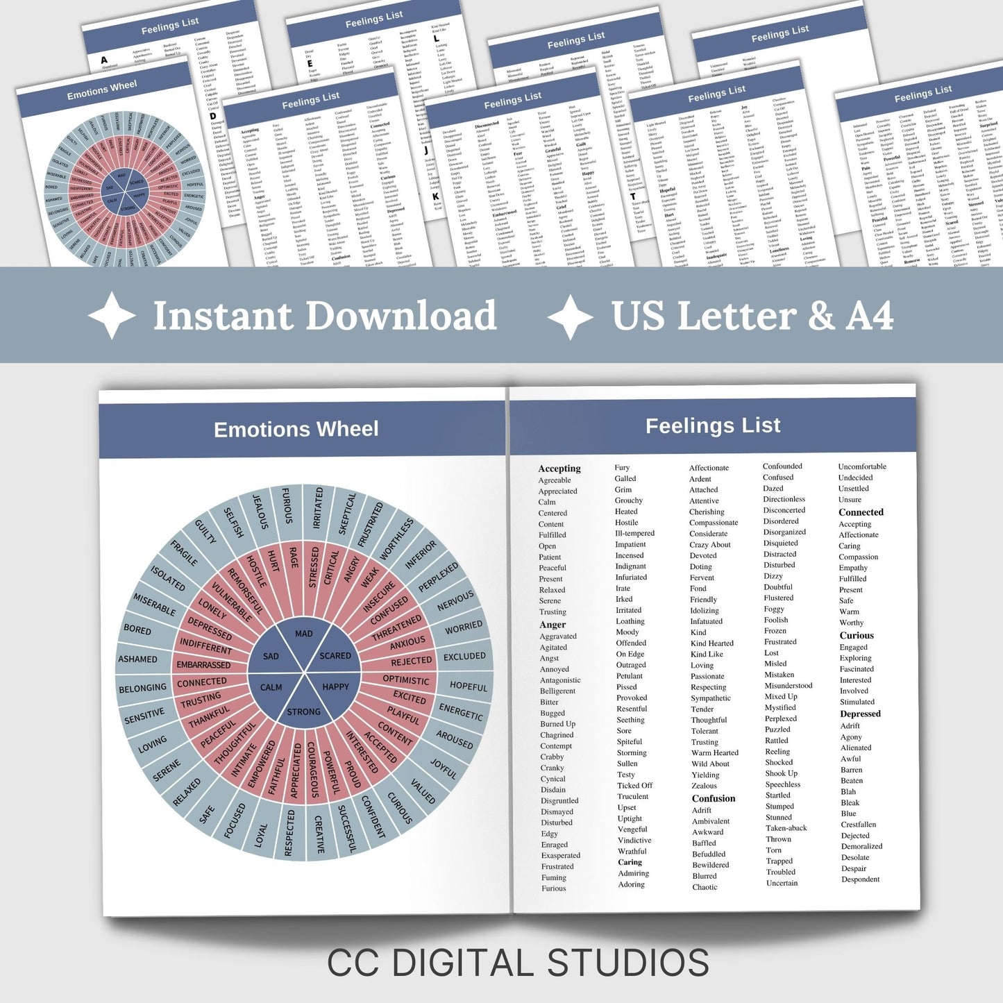 Emotions Wheel and Feelings List perfect for therapists, school counselors, and individuals this list of feeling and emotion words promotes feeling exploration and self reflection. Foster emotional intelligence